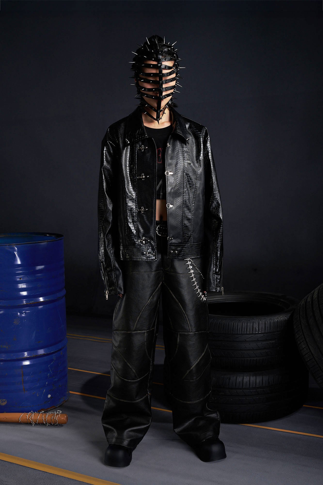 RECOVER ZONE Deconstructed Paneled Faux Leather Wide-Leg Pants, premium urban and streetwear designers apparel on PROJECTISR.com, RECOVER ZONE