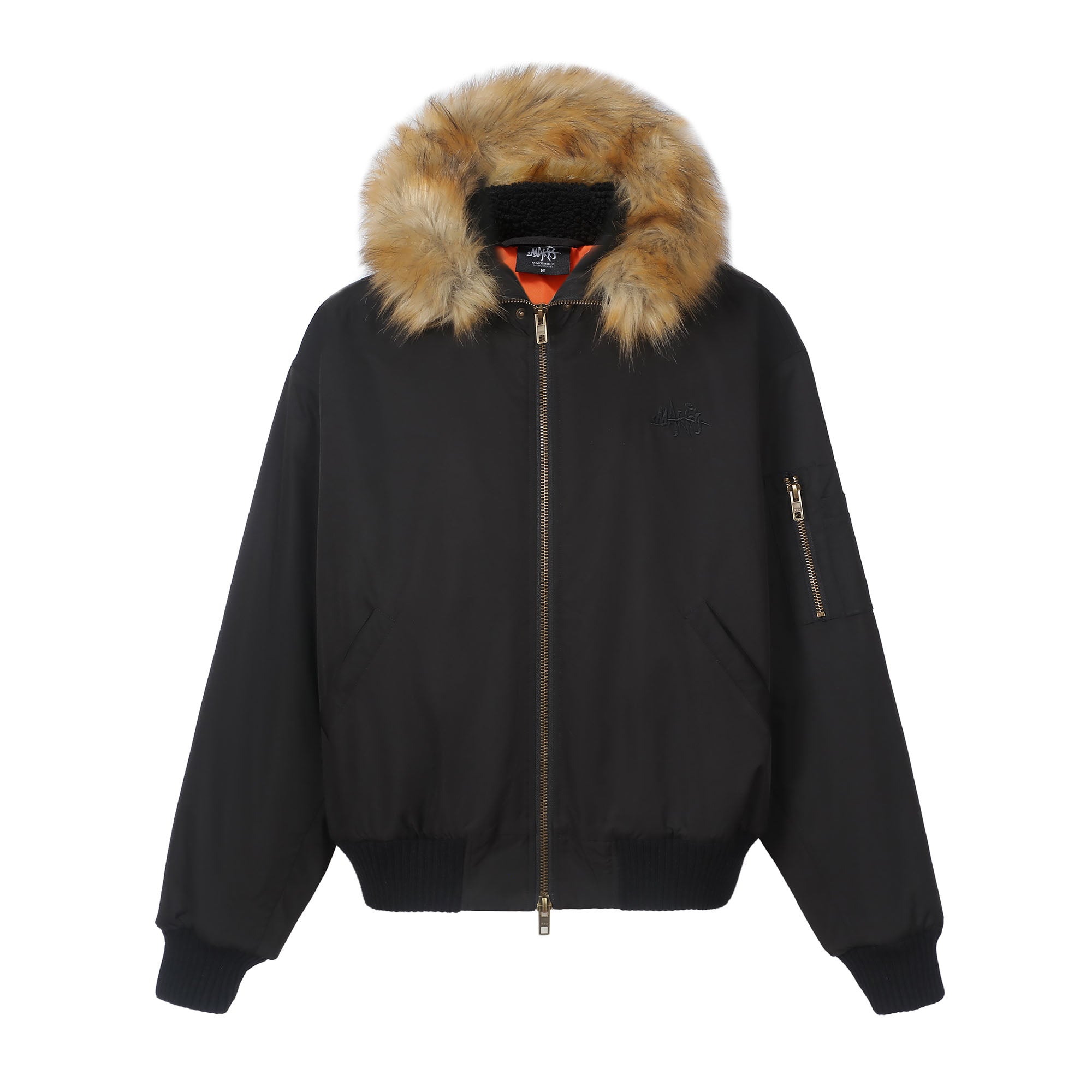 MAKEMORE Detachable Faux Fur Trim Satin Bomber Jacket
