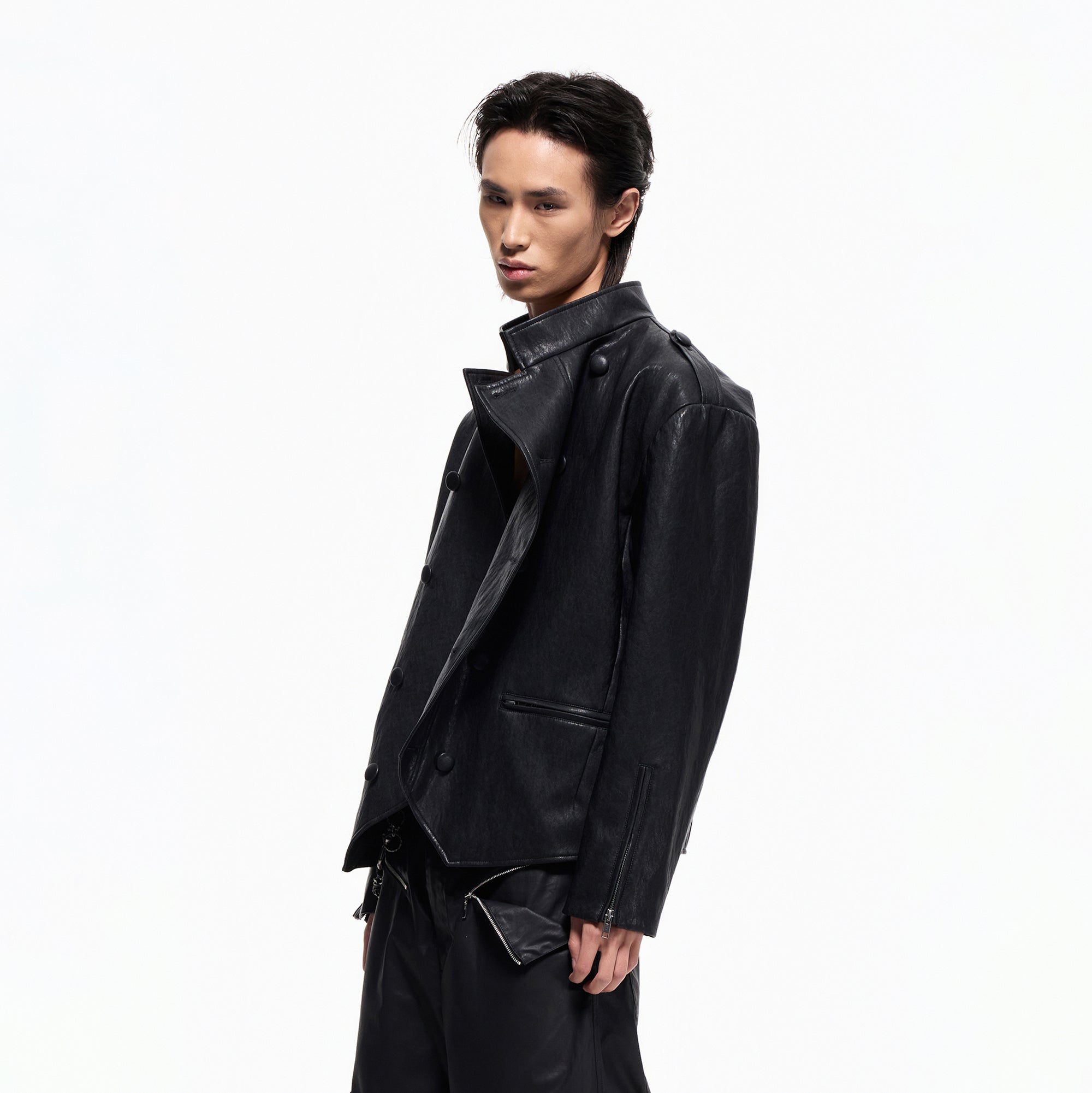 2000RSK Napoleon-Button Faux Leather Knight Jacket