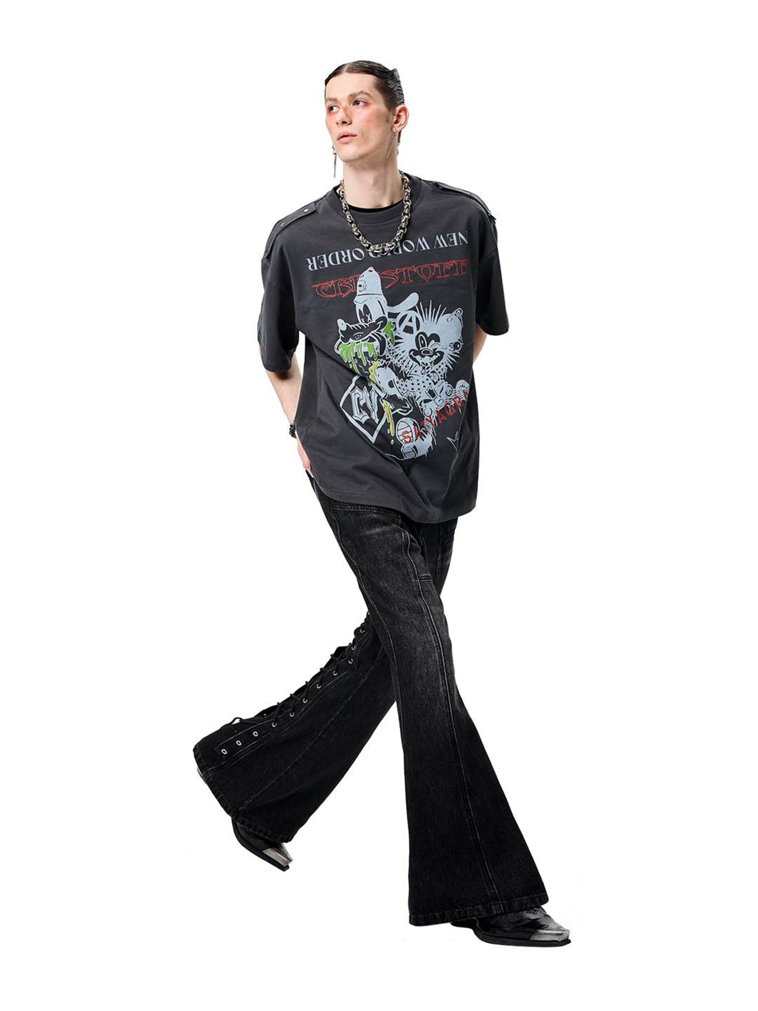 ERISSTOFF Washed Lace-Up Flared Jeans