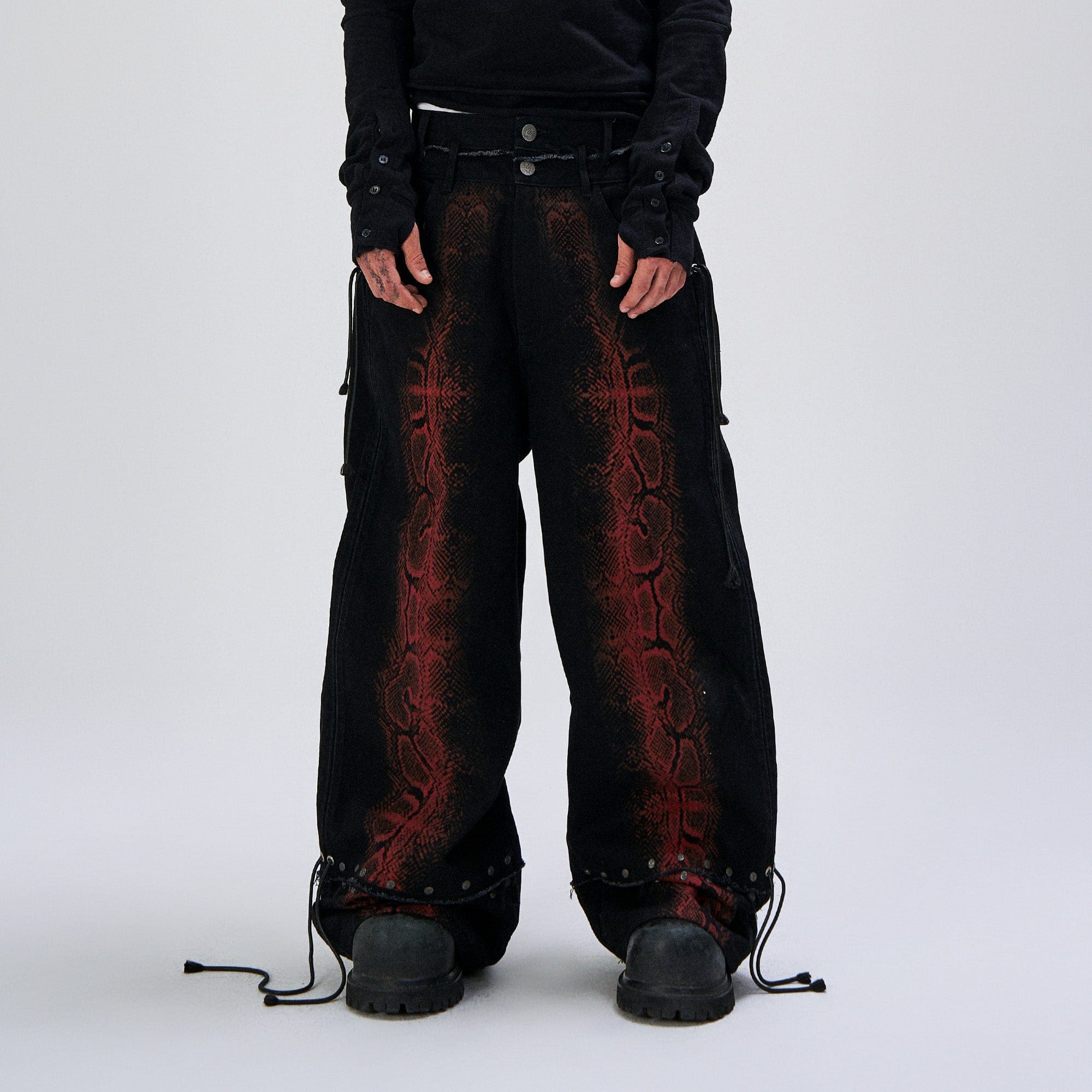 FLYERRER Washed Contrast Snakeskin Drawcord Wide-Leg Jeans, premium urban and streetwear designers apparel on PROJECTISR.com, FLYERRER