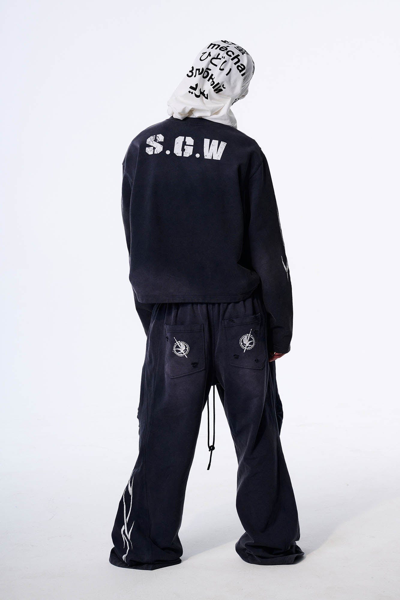 SAVAGEGROWTHWORLD Distressed Pleated Drawstring Baggy Pants