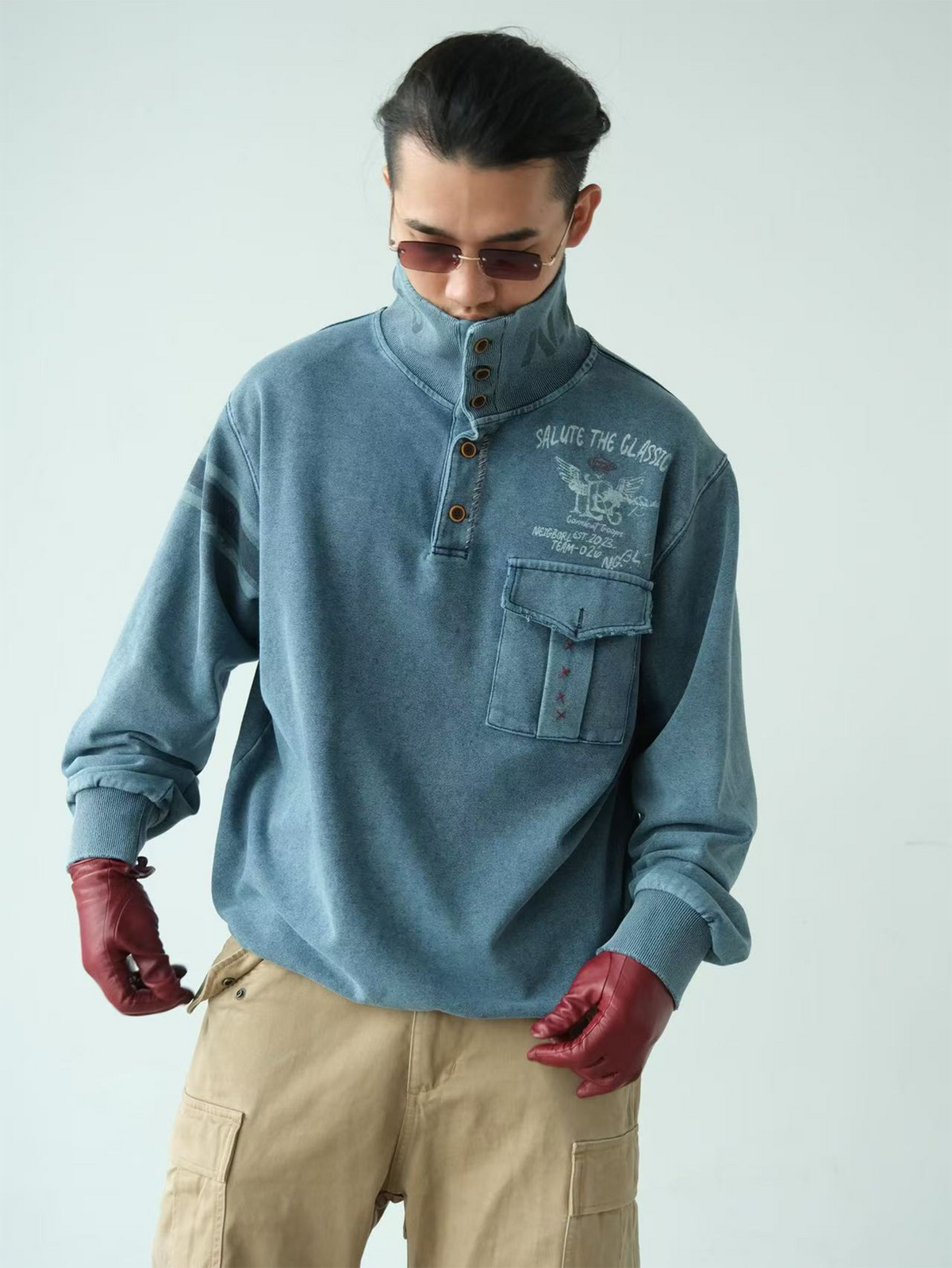 NEIGBORL Retro Graphic Washed Stand-Collar Sweatshirt