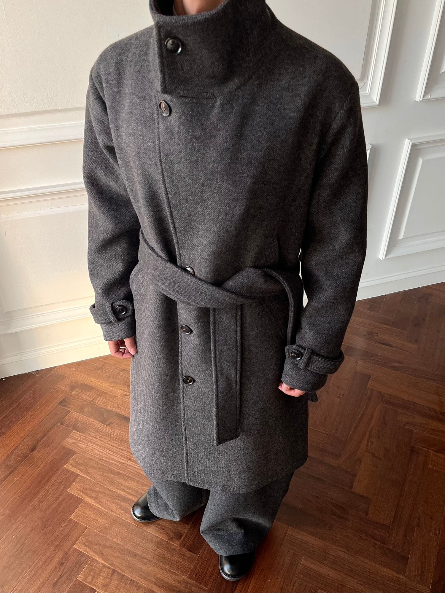 CATSSTAC Asymmetrical Stand-Collar Wool-Blend Belted Coat