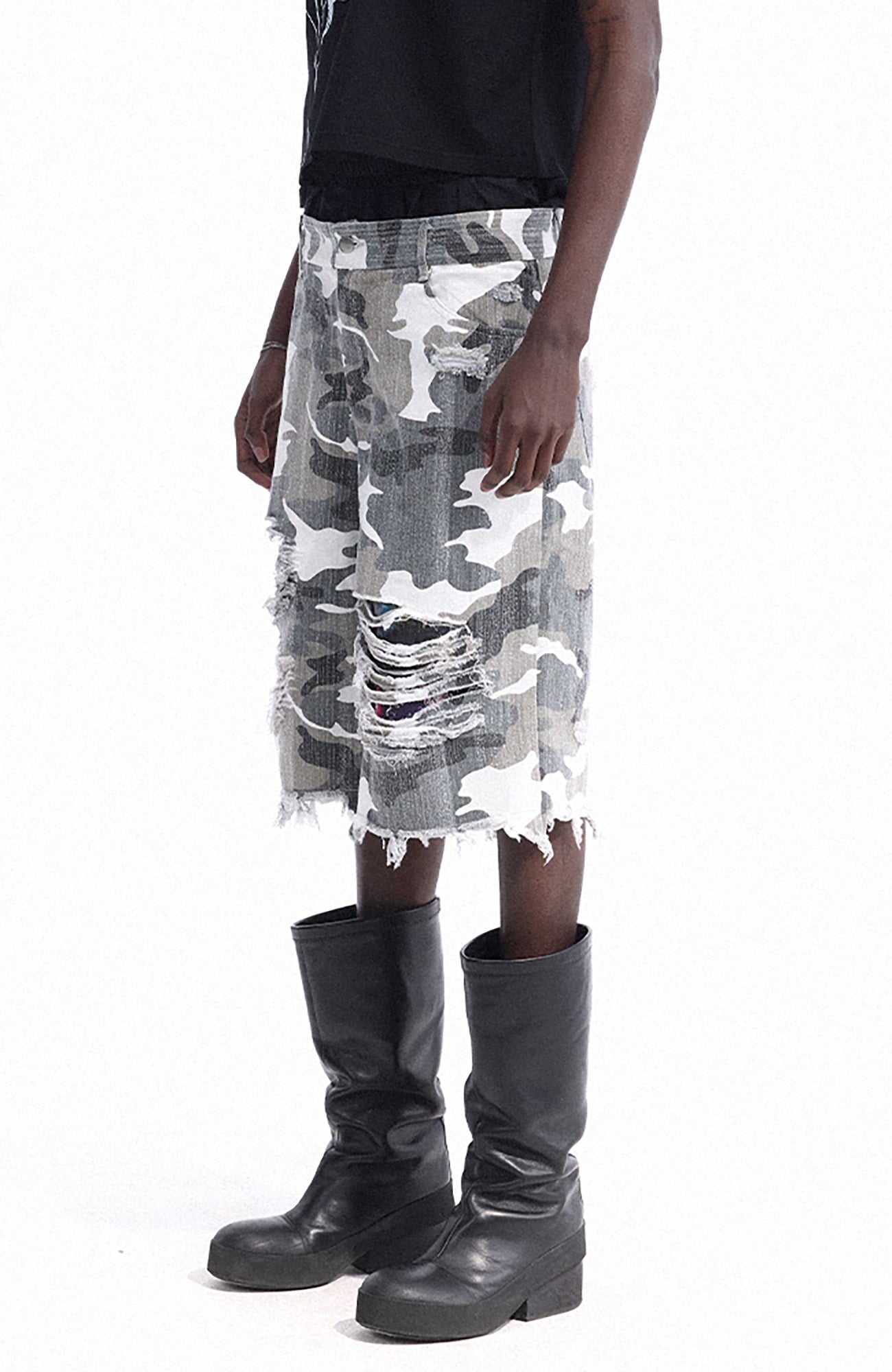 DREAM BAND Camo Distressed Denim Shorts