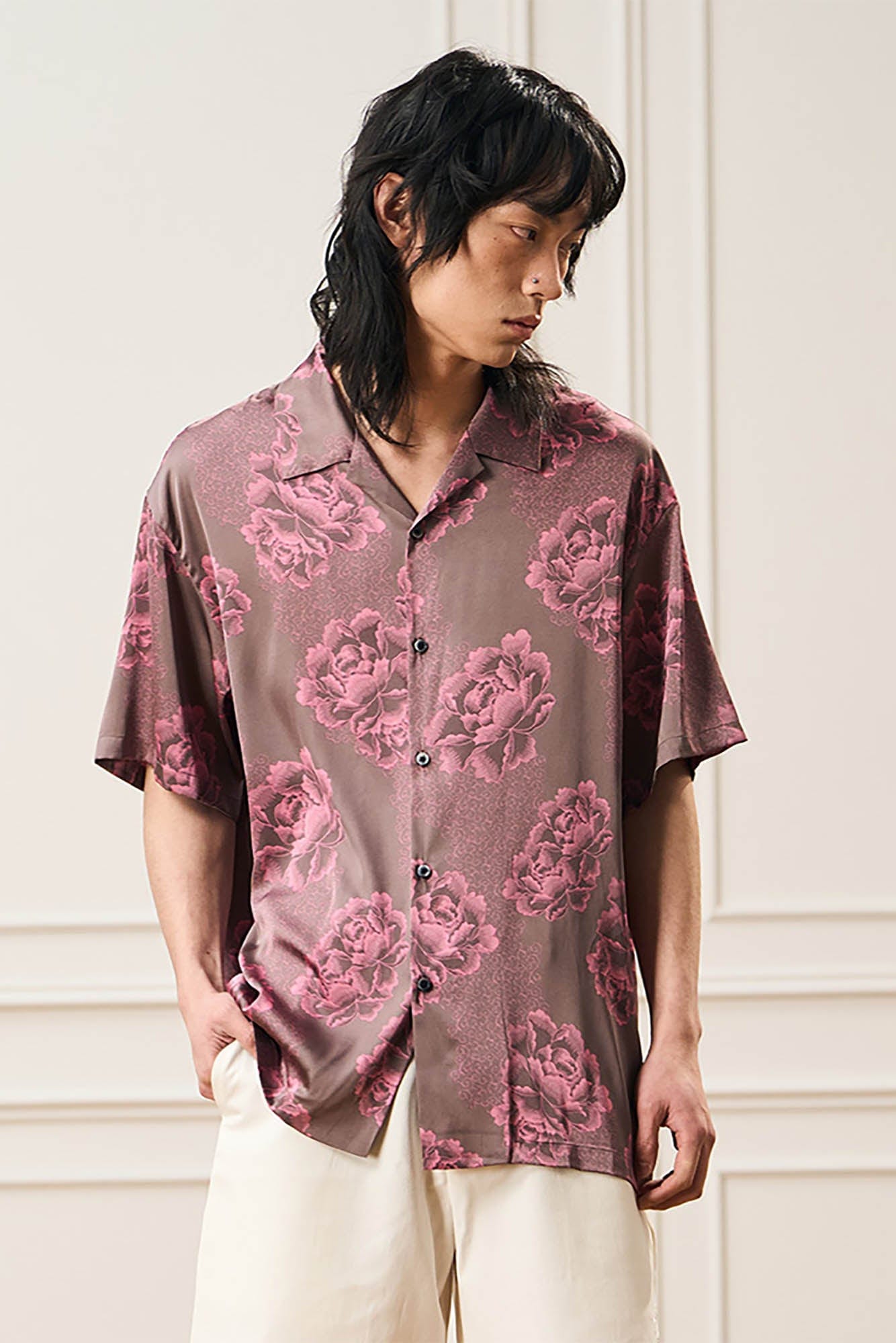 EPIC POETRY Floral Satin Cuban Half Shirt