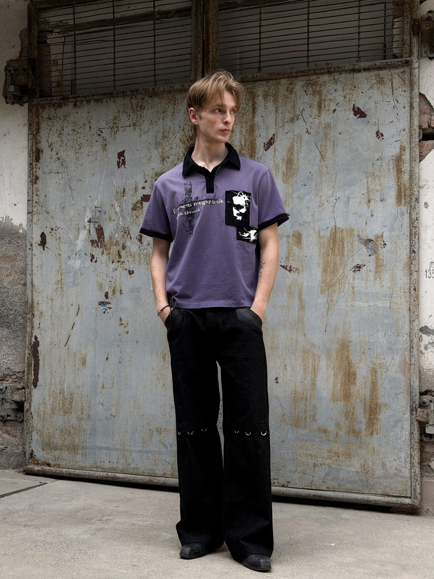 ESAIAS Washed Portrait Cross Graphic Polo Shirt