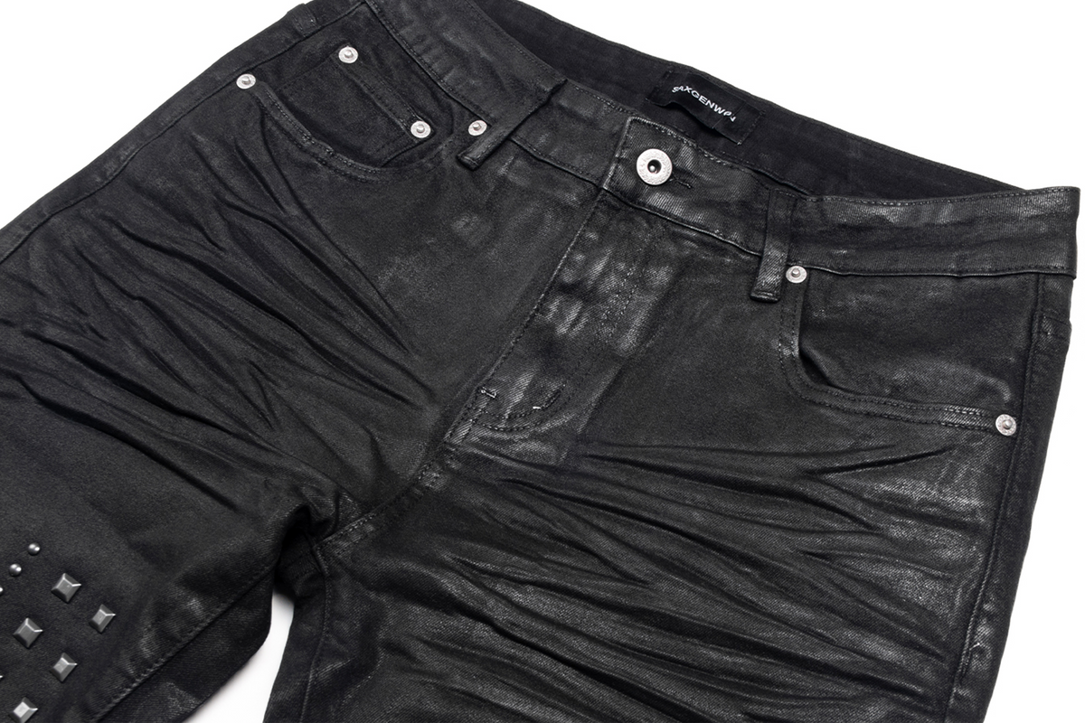 SAXGENWON Studded Washed Pleated Slim Jeans