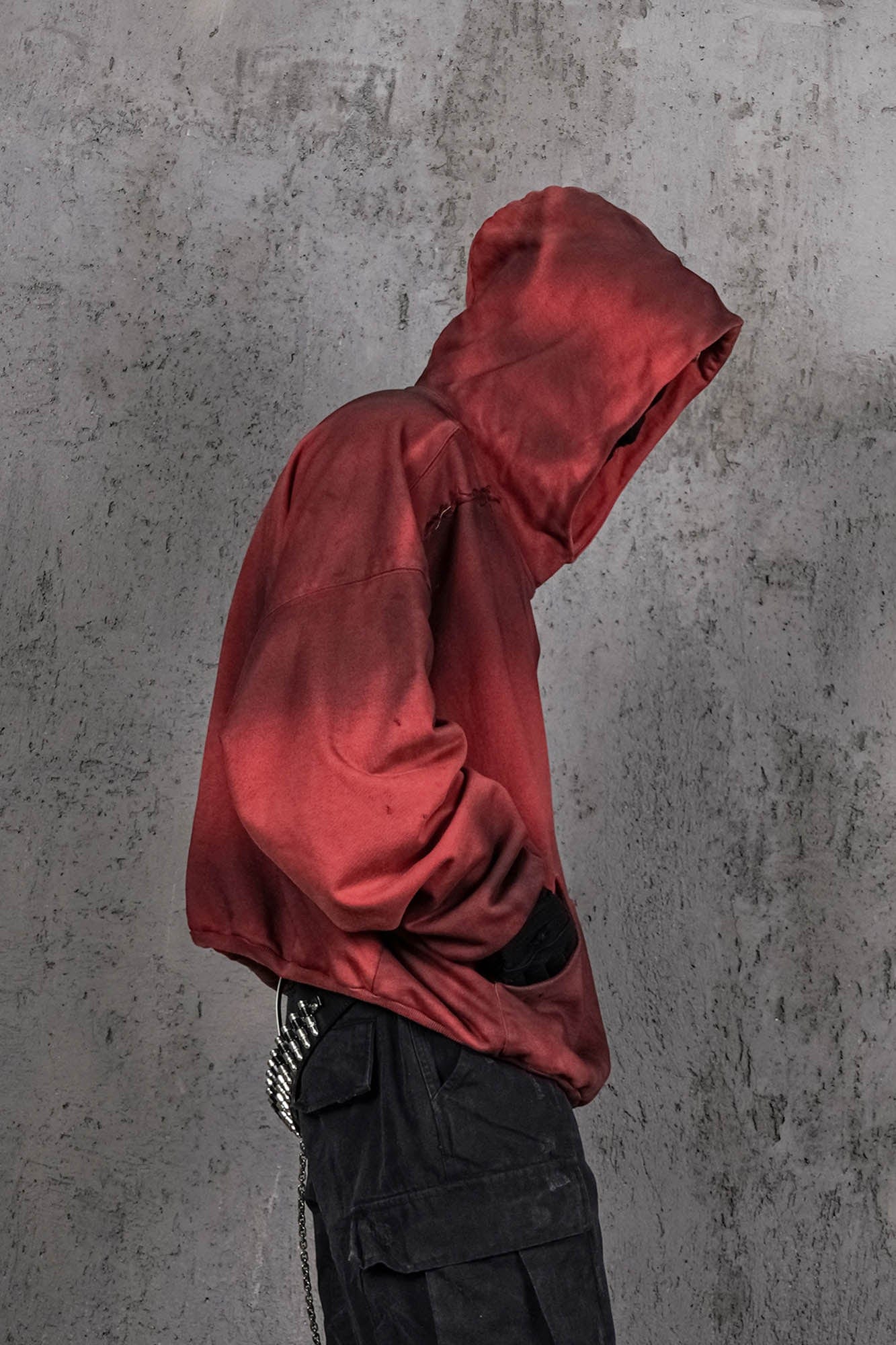 UNDERWATER Ashen Ember Distressed Elevated Hoodie Red, premium urban and streetwear designers apparel on PROJECTISR.com, UNDERWATER