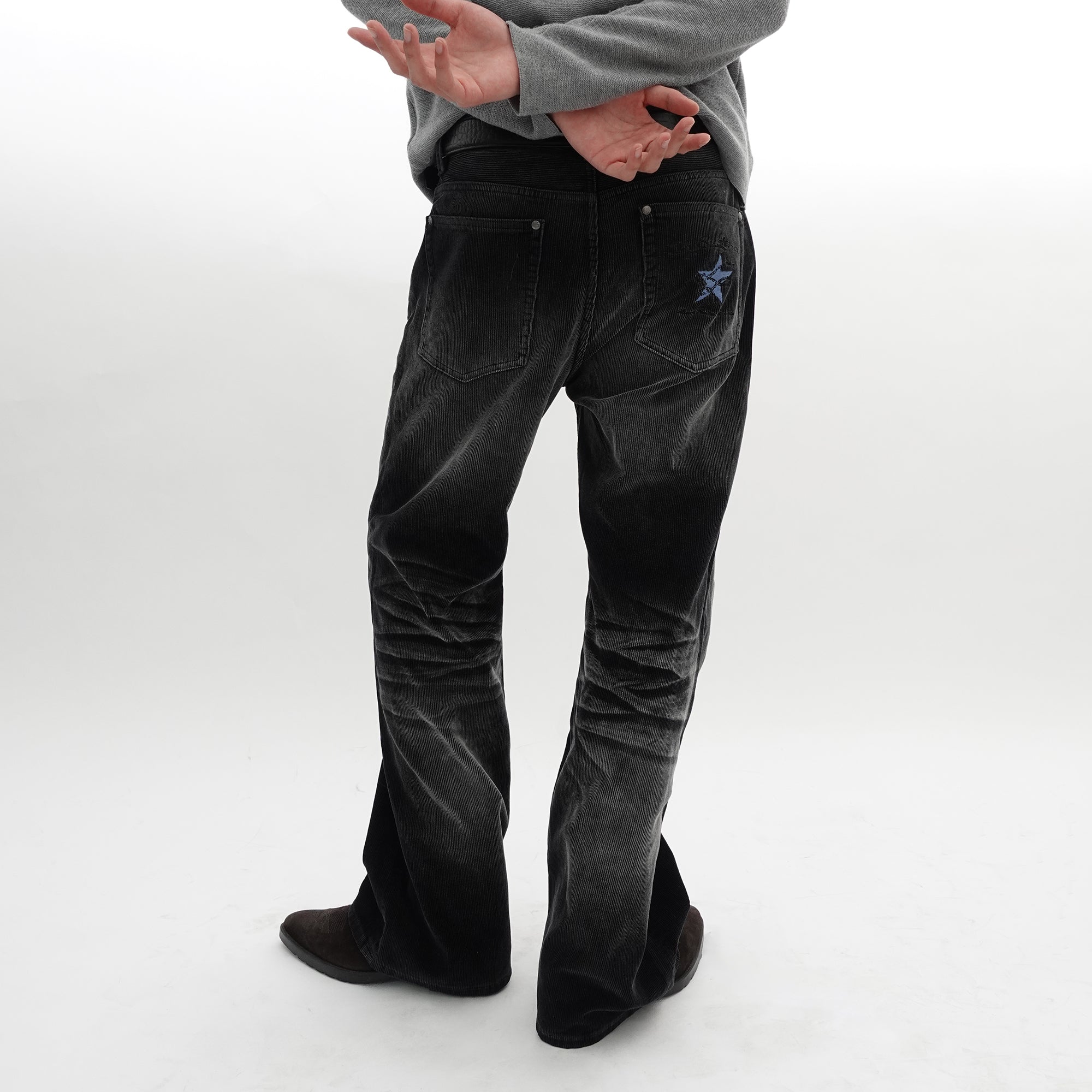 IN EXISTENCE Star Embroidered Corduroy Flare Jeans, premium urban and streetwear designers apparel on PROJECTISR.com, IN EXISTENCE
