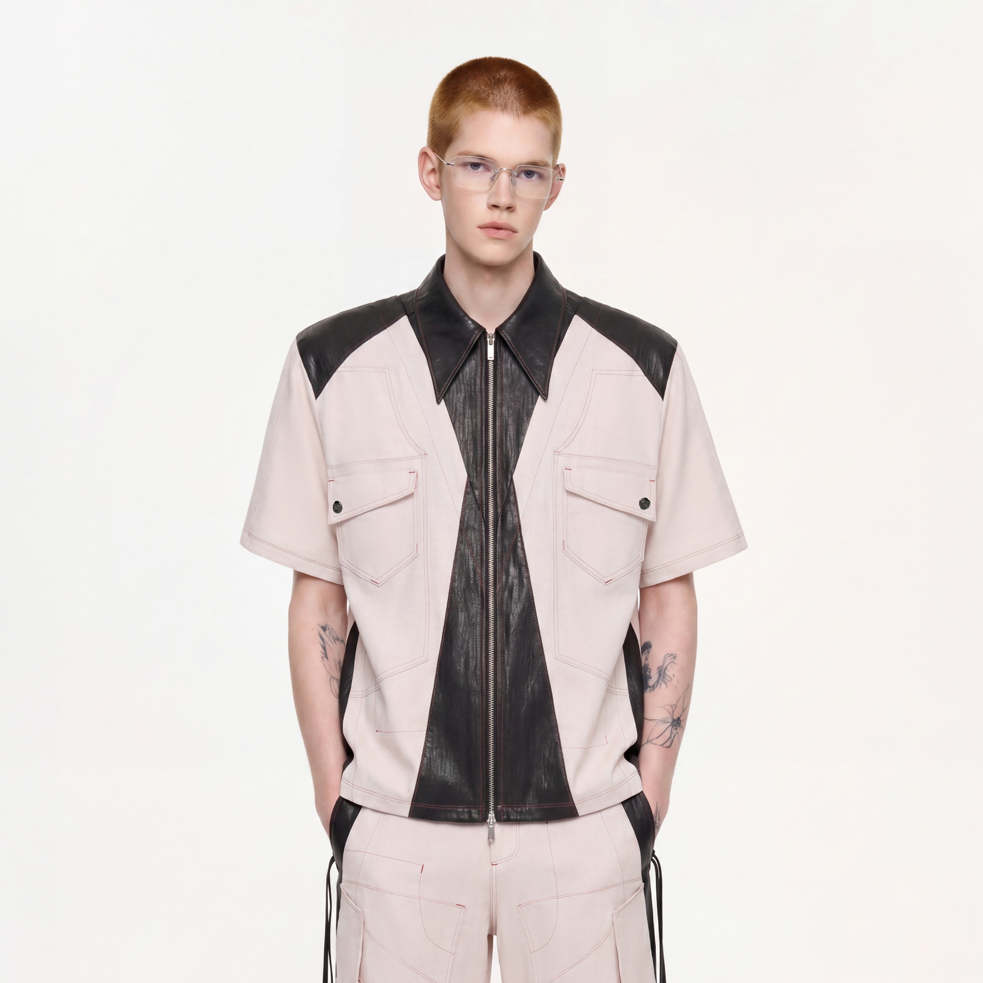 TIWILLTANG Contrast Stitch Paneled Zip-Up Half Shirt