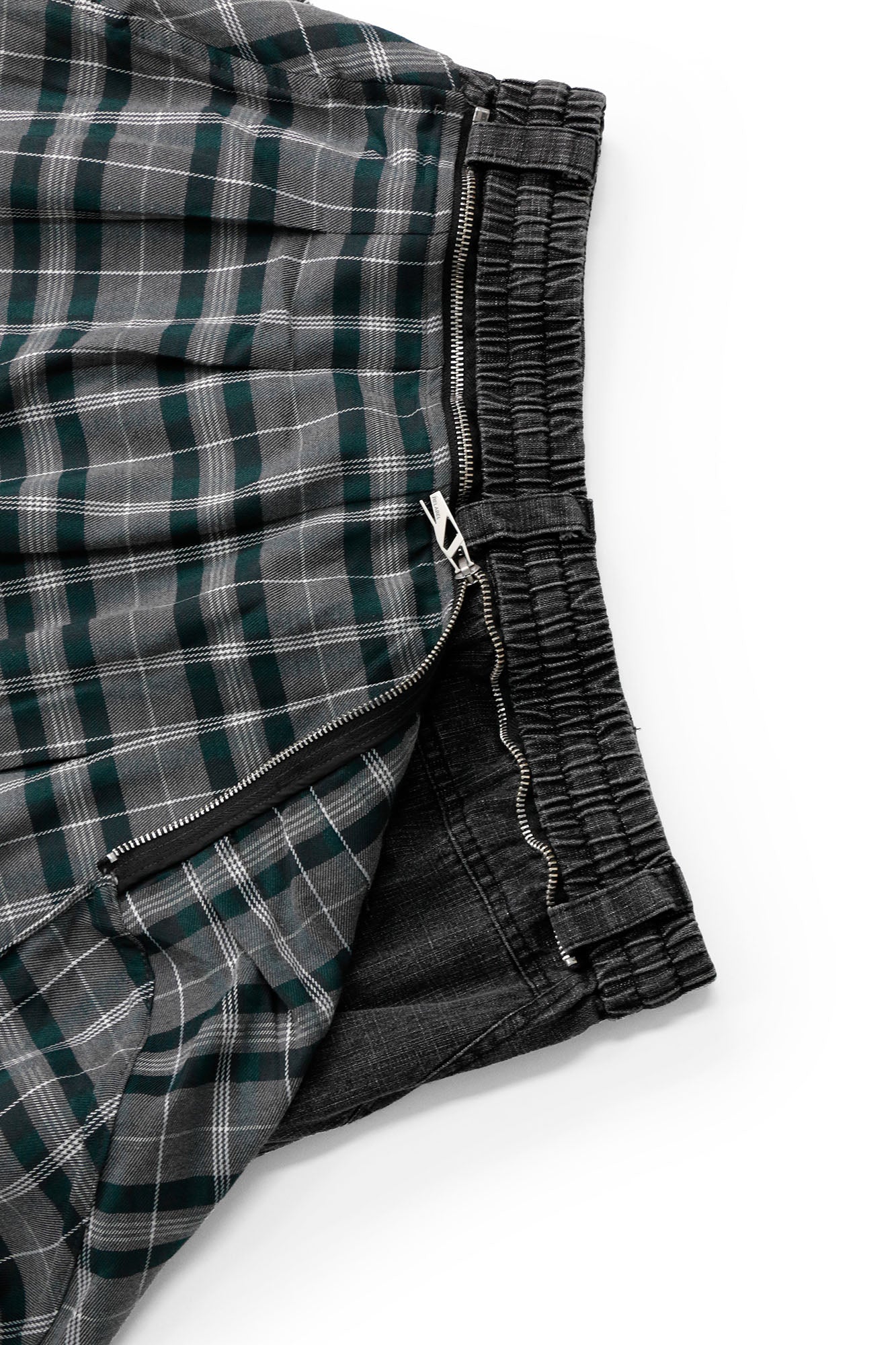 RELABEL Detachable Plaid Drape Oversized Denim Shorts, premium urban and streetwear designers apparel on PROJECTISR.com, RELABEL