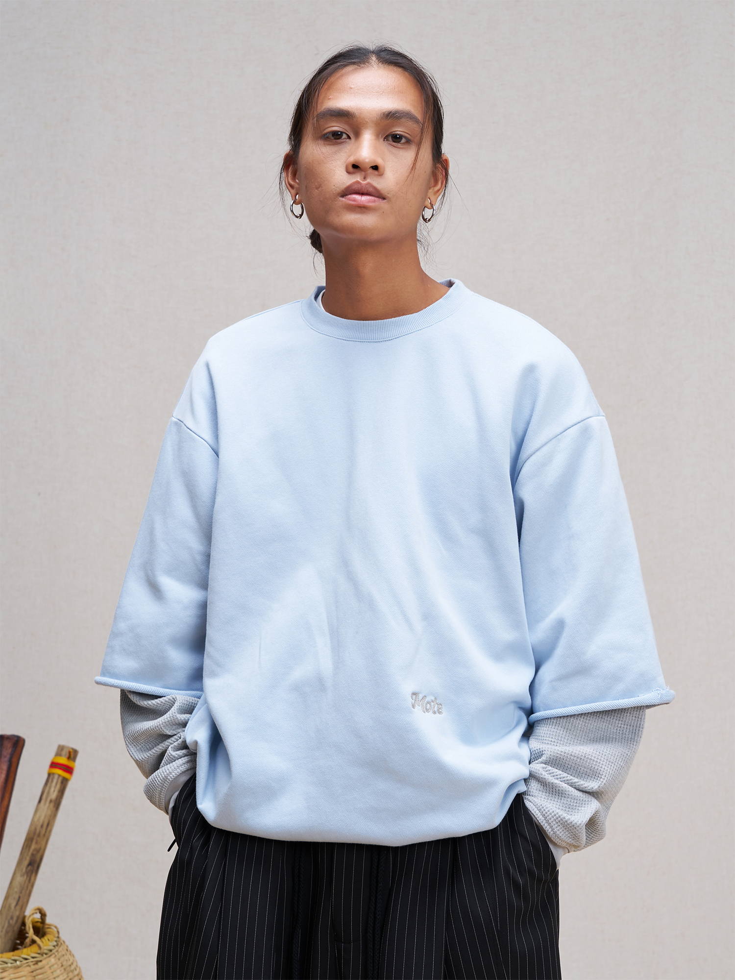 UNLIMITED MOTE Waffle Sleeve Layered Drawstring Hem Sweatshirt