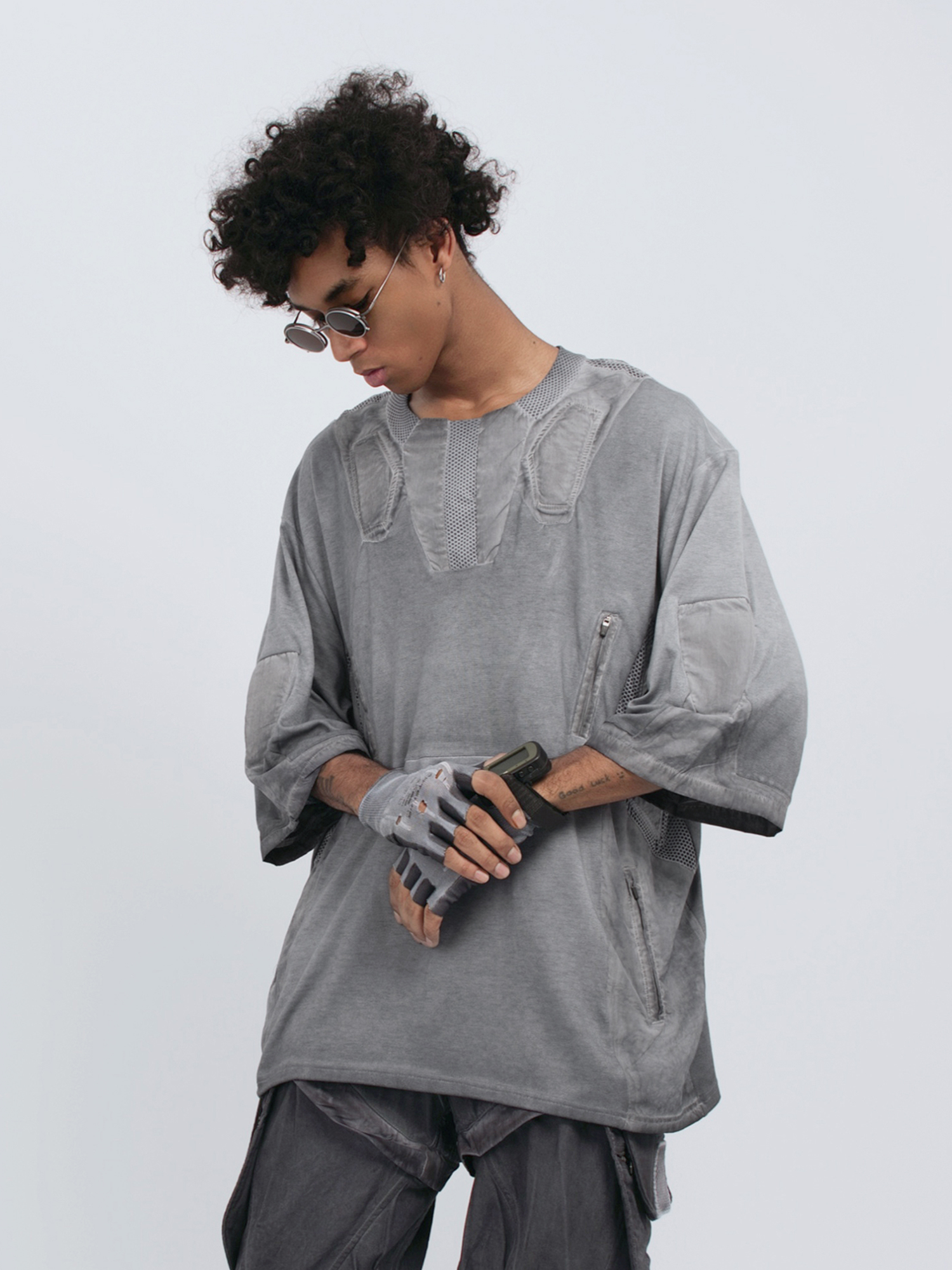 STEAM Distressed Mesh-Spliced Oversized Tactical T-Shirt