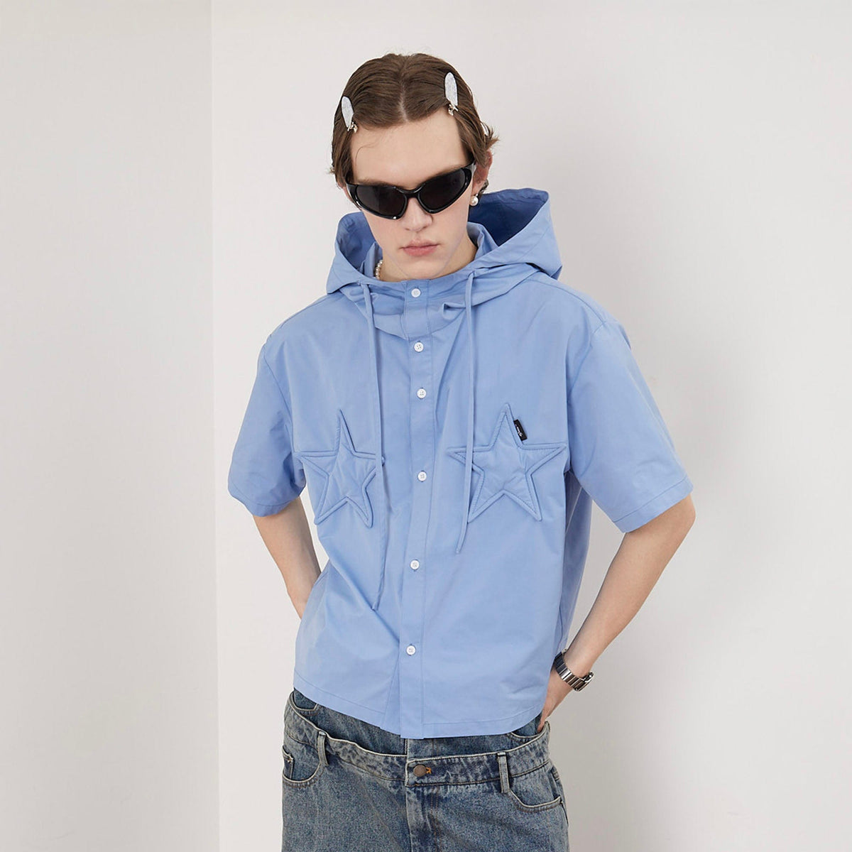 ASSEEN Star Patchwork Hooded Half Shirt