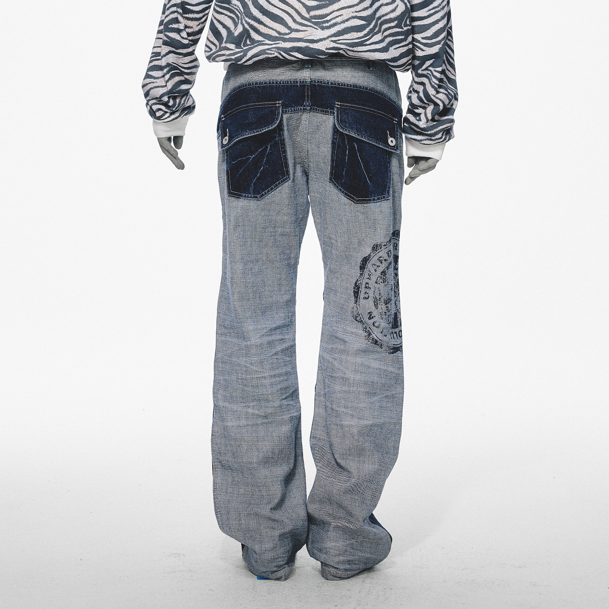 TRECLUB Retro Washed Distressed Spliced Jeans