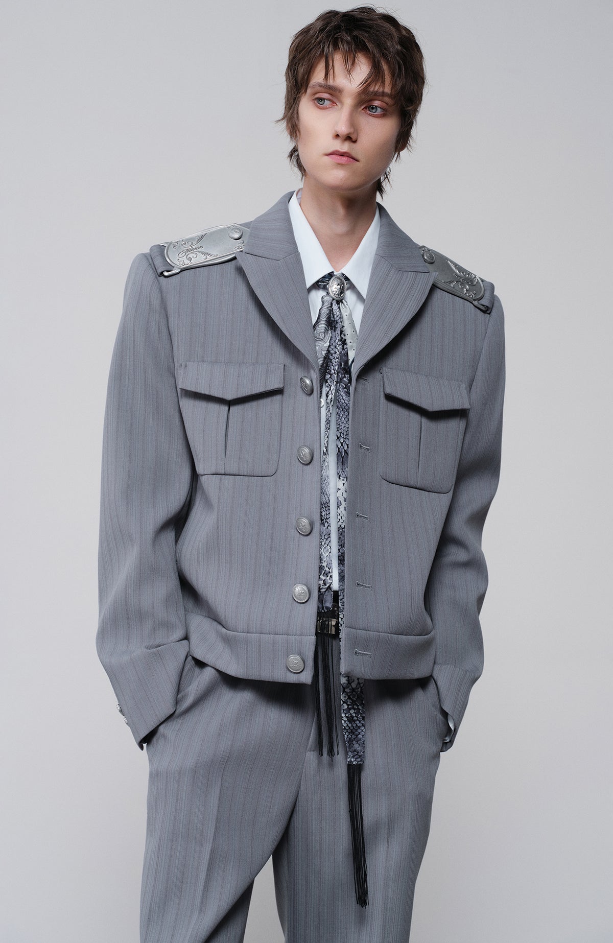 FACEONLAB Striped Epaulette Lapel Jacket