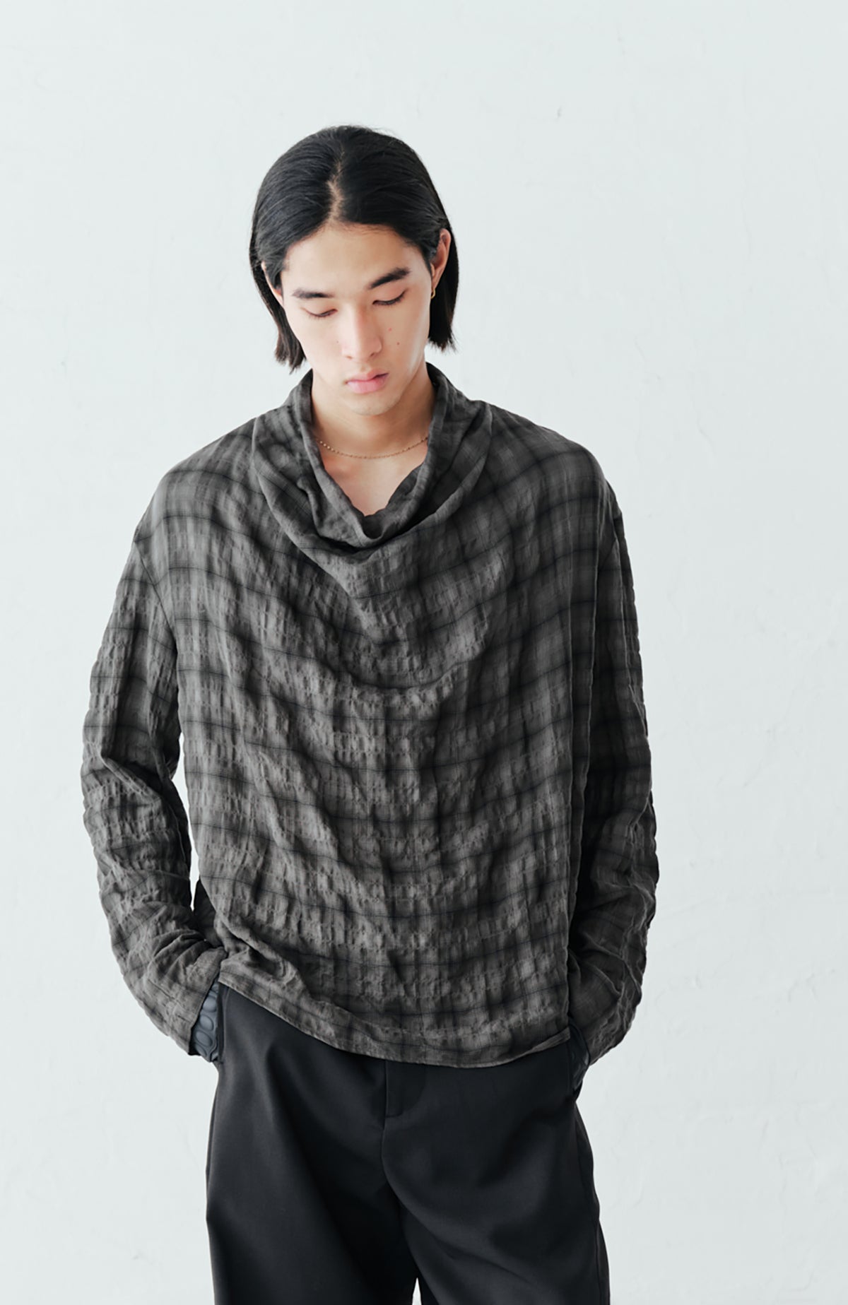 GRAINMUSTARD Plaid Crinkled Cowl Neck Shirt