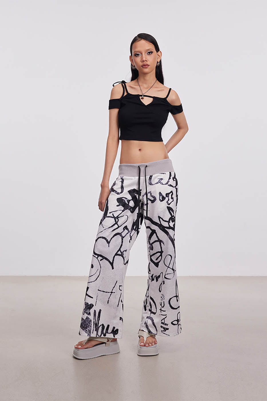 DAMAGE ASIA Doodle Full-Print Wide-Leg Pants, premium urban and streetwear designers apparel on PROJECTISR.com, DAMAGE ASIA