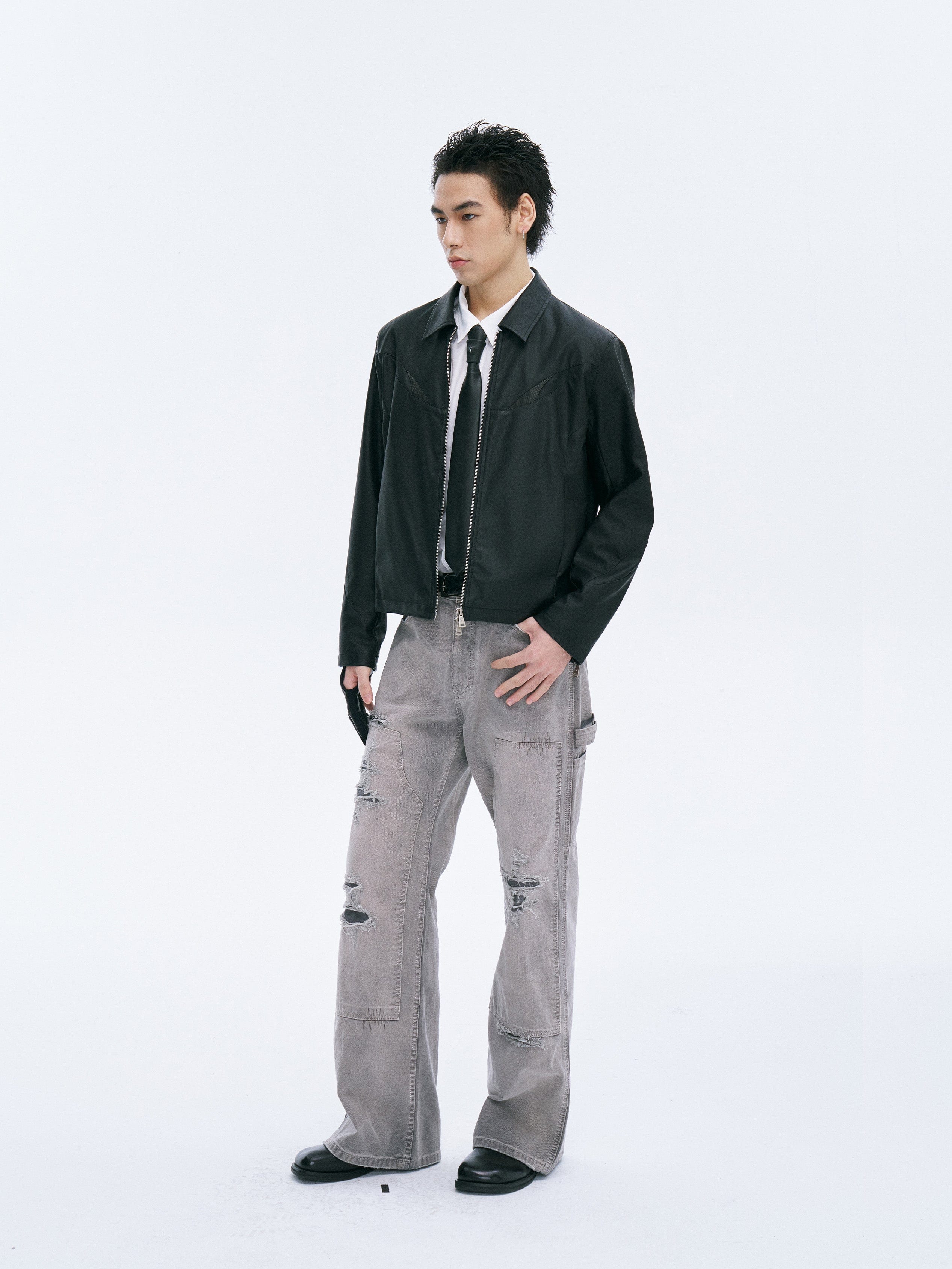 CATSSTAC Distressed Double-Knee Carpenter Straight-Leg Jeans Gray, premium urban and streetwear designers apparel on PROJECTISR.com, CATSSTAC