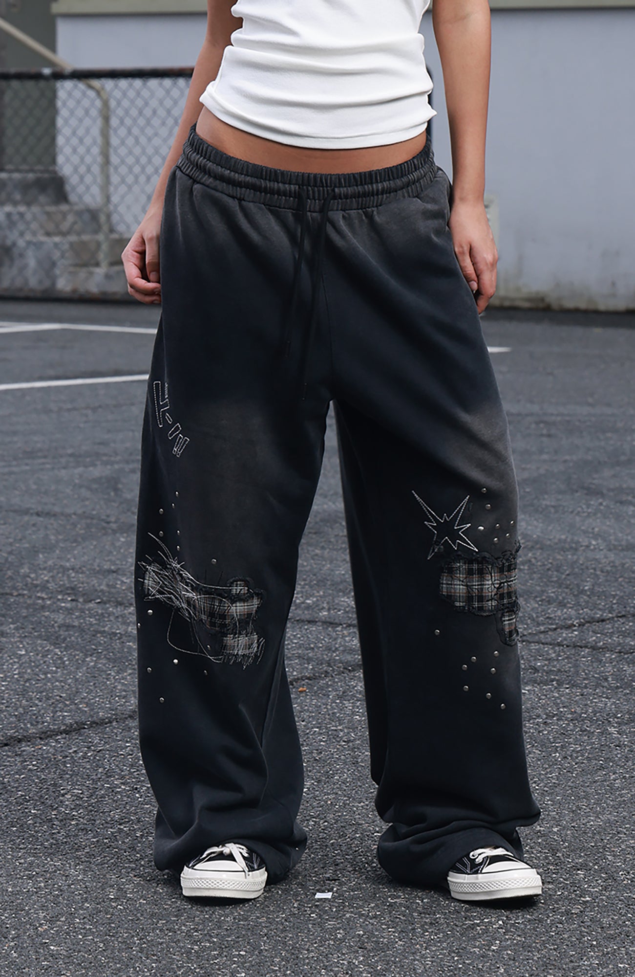 SAVAGEGROWTHWORLD Studded Plaid Panel Sweatpants
