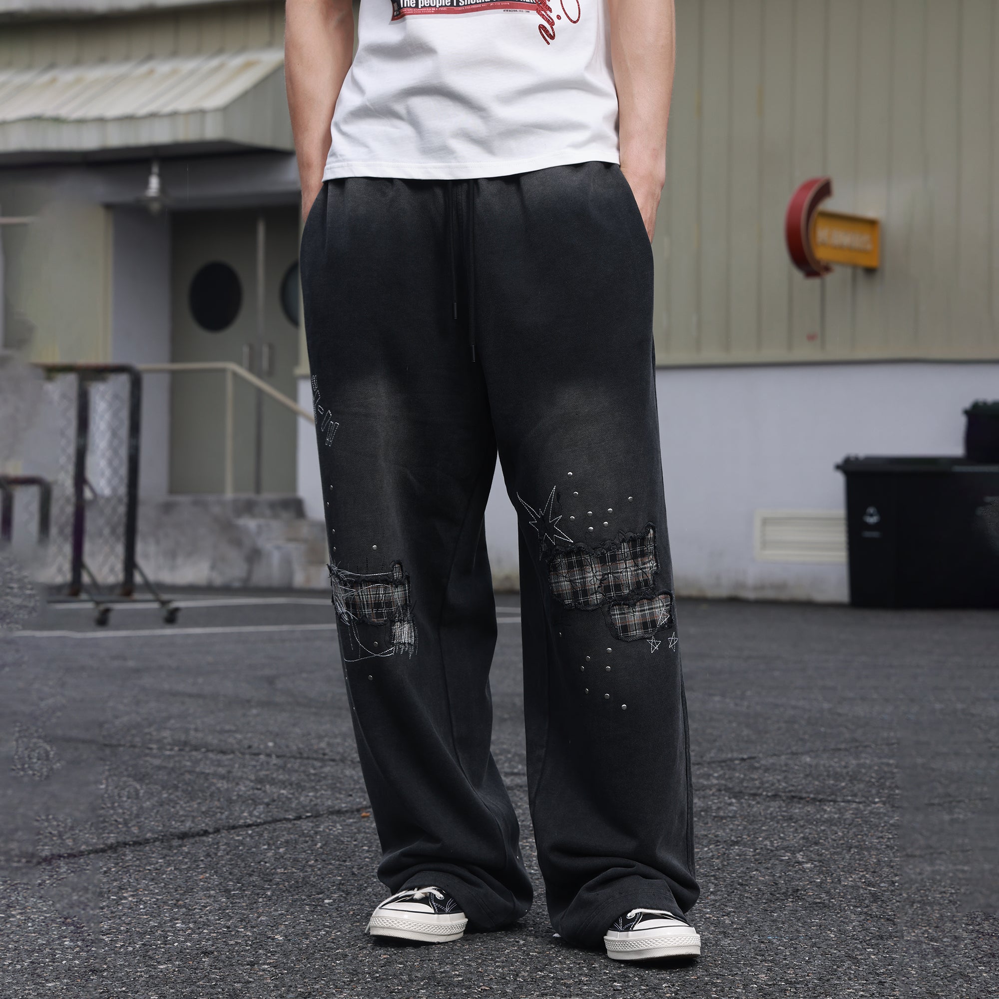 SAVAGEGROWTHWORLD Studded Plaid Panel Sweatpants