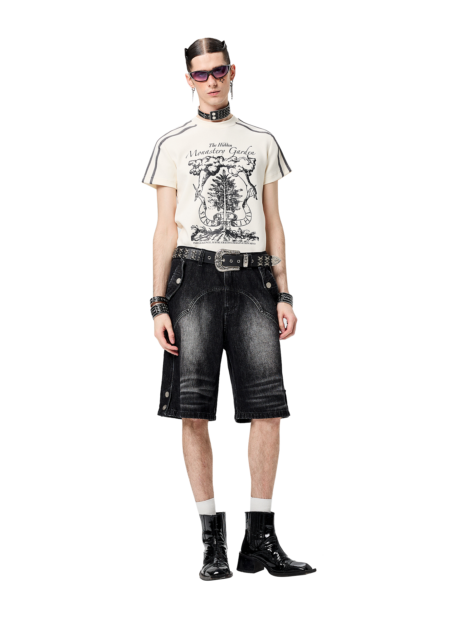 CYCYCY Retro Washed Paneled Denim Shorts
