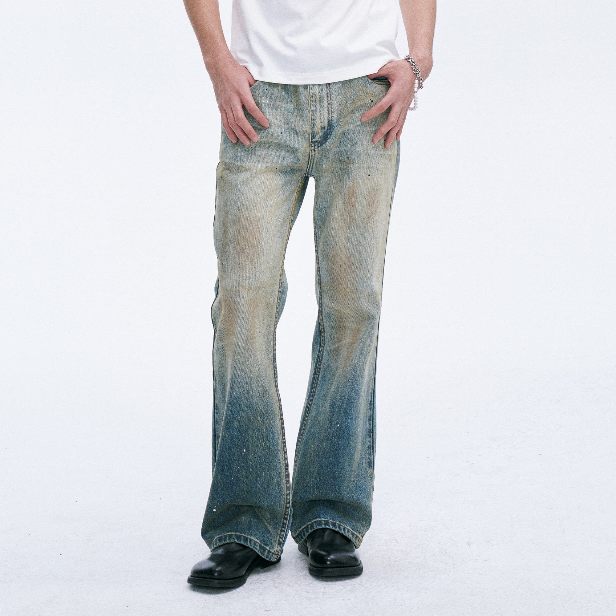 CATSSTAC Washed Sunfade Paint-Splatter Wide-Leg Jeans, premium urban and streetwear designers apparel on PROJECTISR.com, CATSSTAC