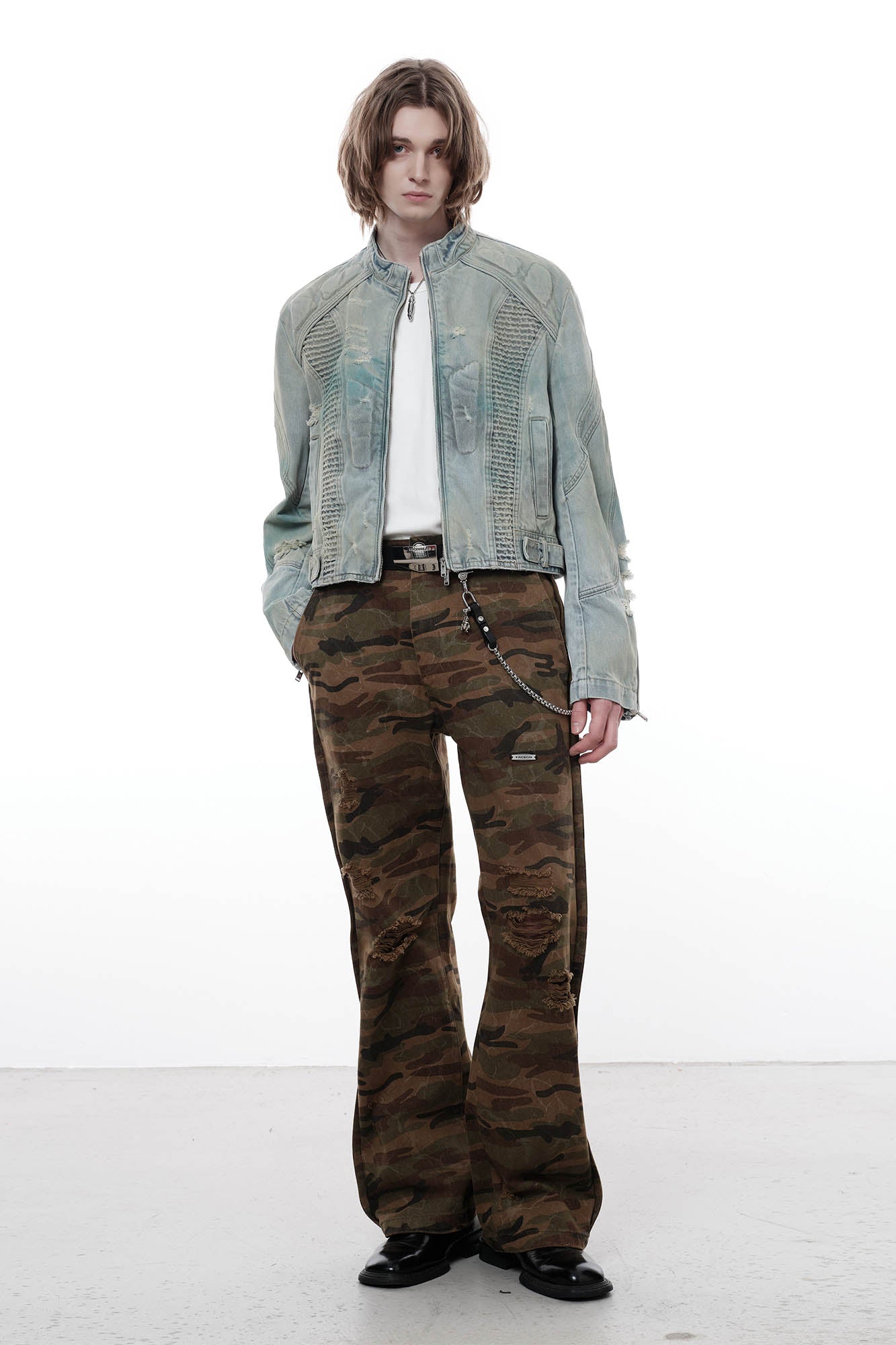 FACEONLAB Distressed Tie-Dye Ripped Biker Denim Jacket Blue