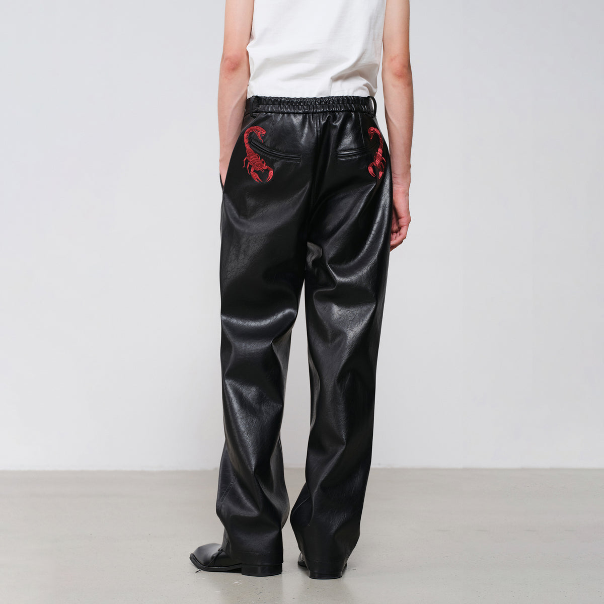 FACEONLAB Embroidered Straight-Leg Faux Leather Pants