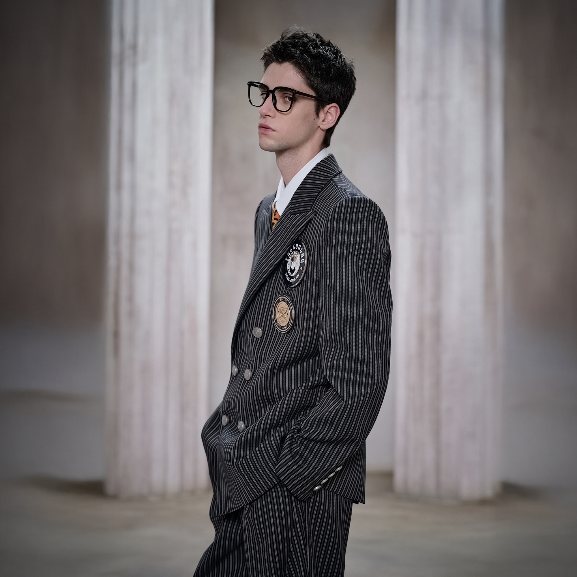 FACEONLAB Stripe Badge-Patch Double-Breasted Jacket