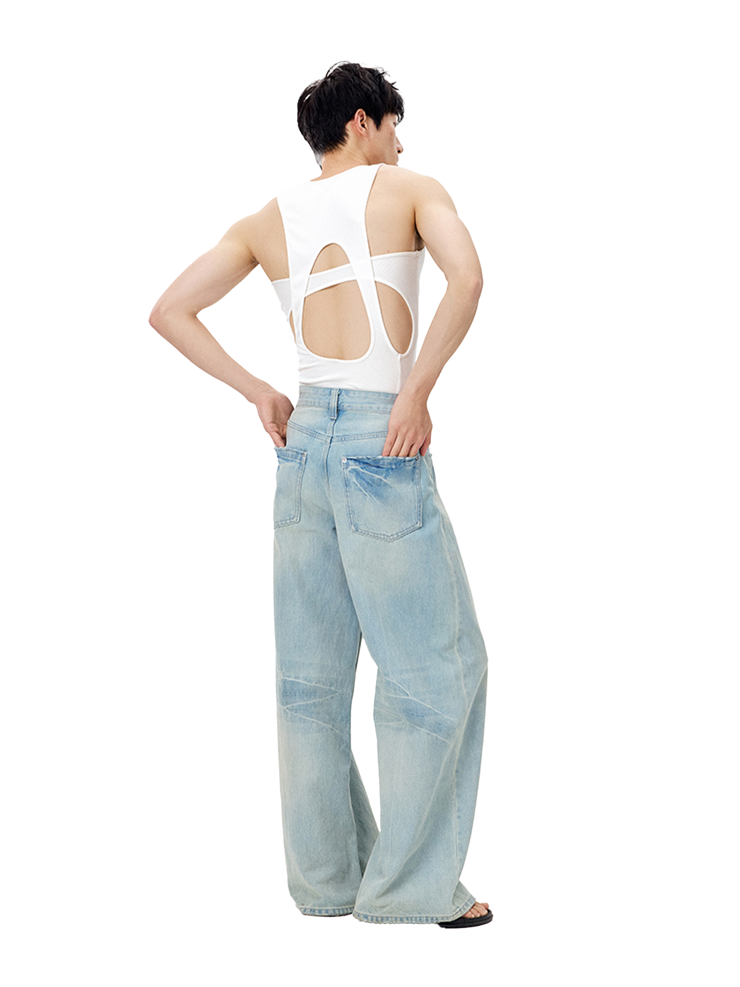 TUIMU Back Cut-Out Ribbed Tank Top White