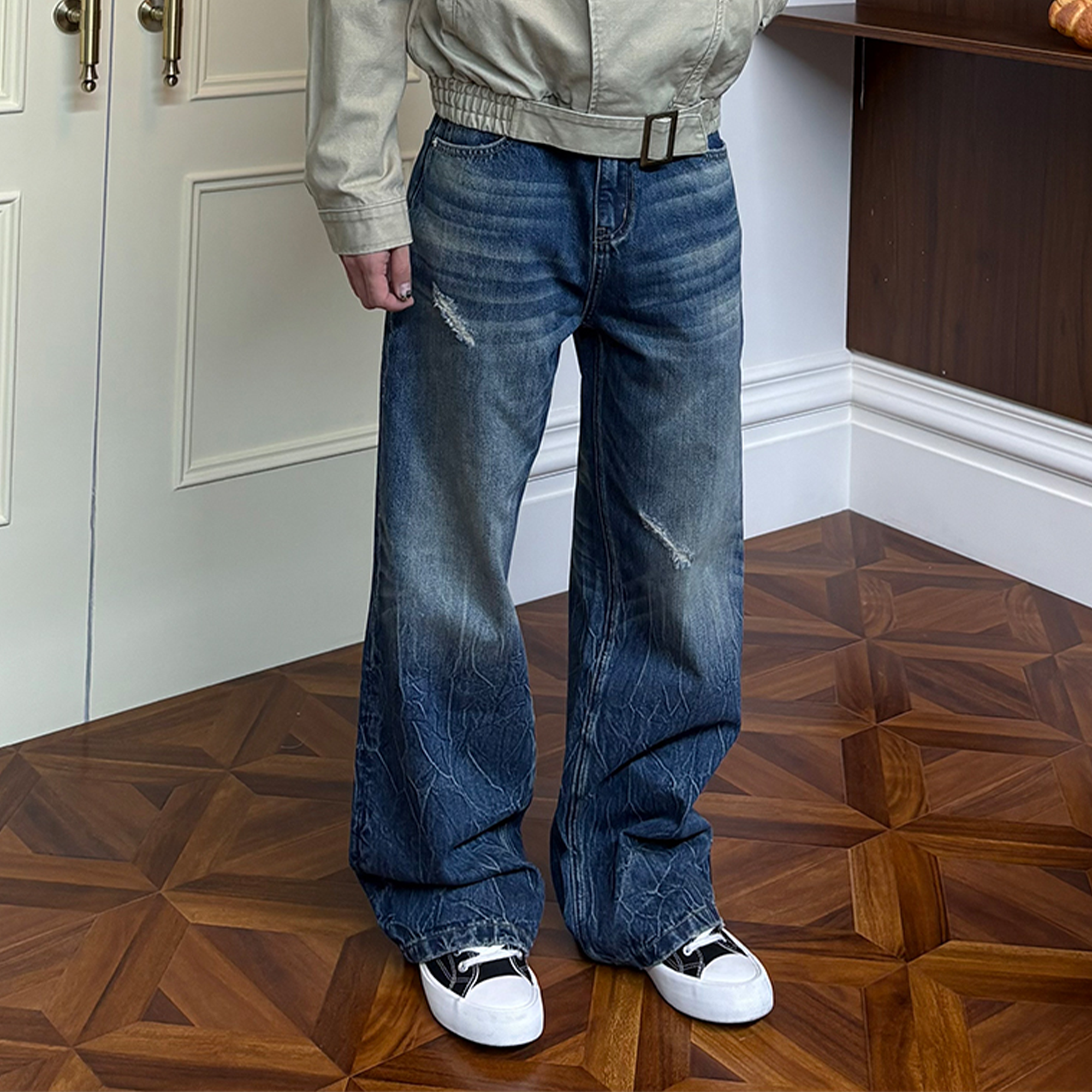 KREATE Whisker Washed Straight-Leg Jeans