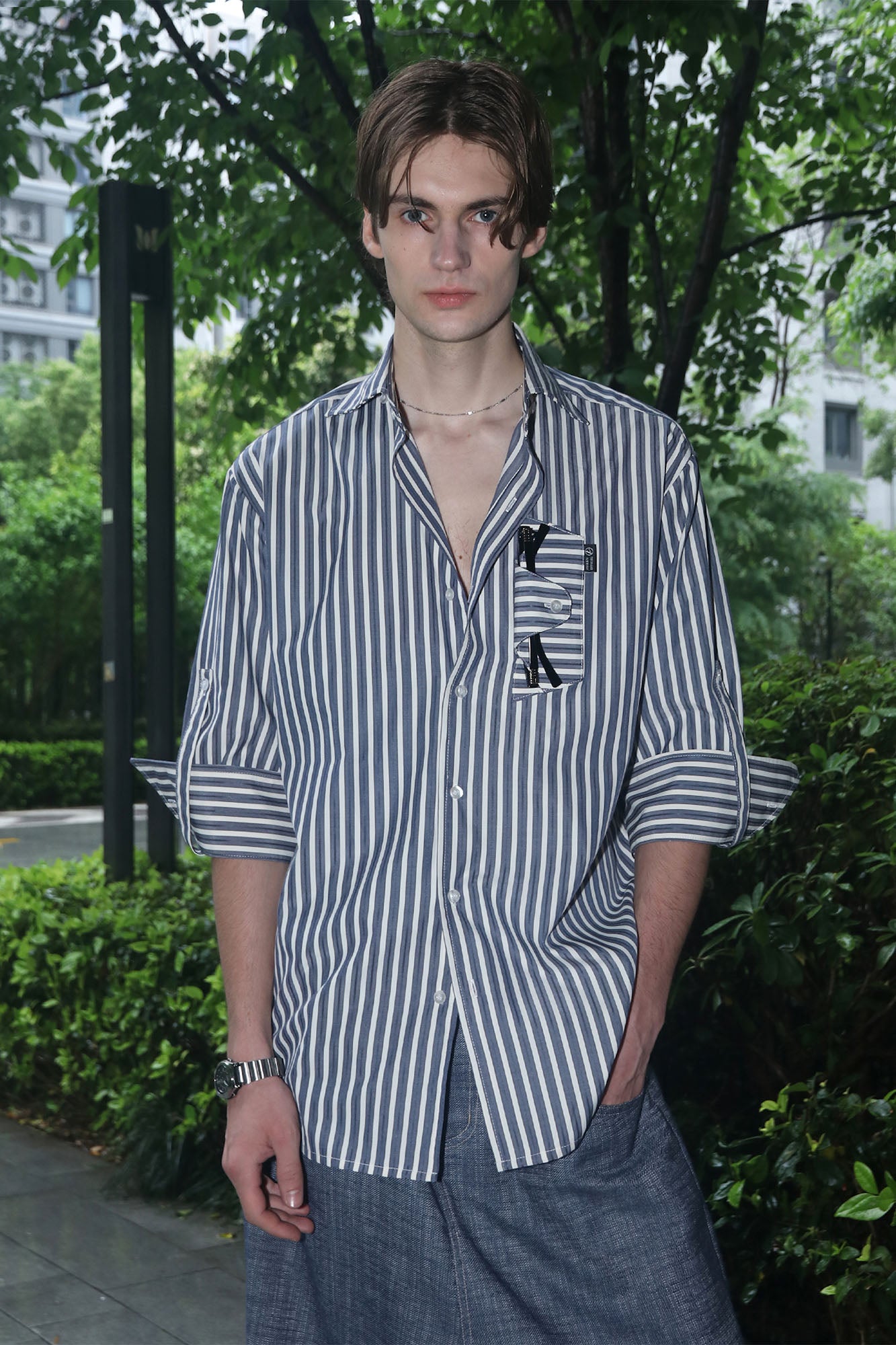 ASSEEN Striped Glasses Pocket Half Shirt Blue