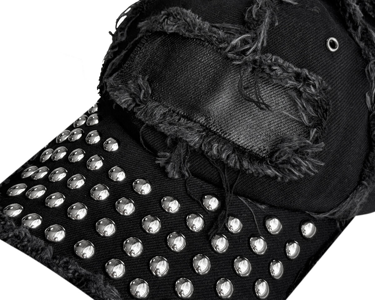 CINDER VEIN Washed Frayed Rivet Patch Curved-Brim Denim Cap