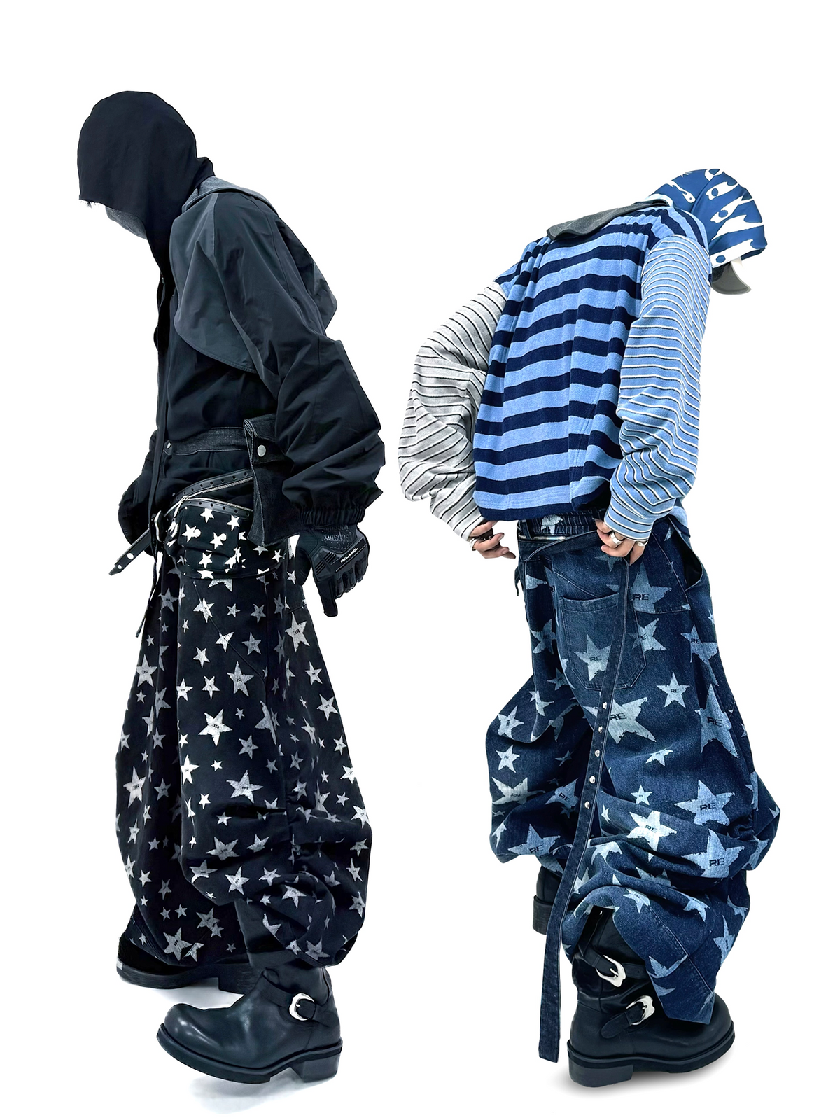 RELABEL Washed Star Full-Print Pleated Wide-Leg Jeans