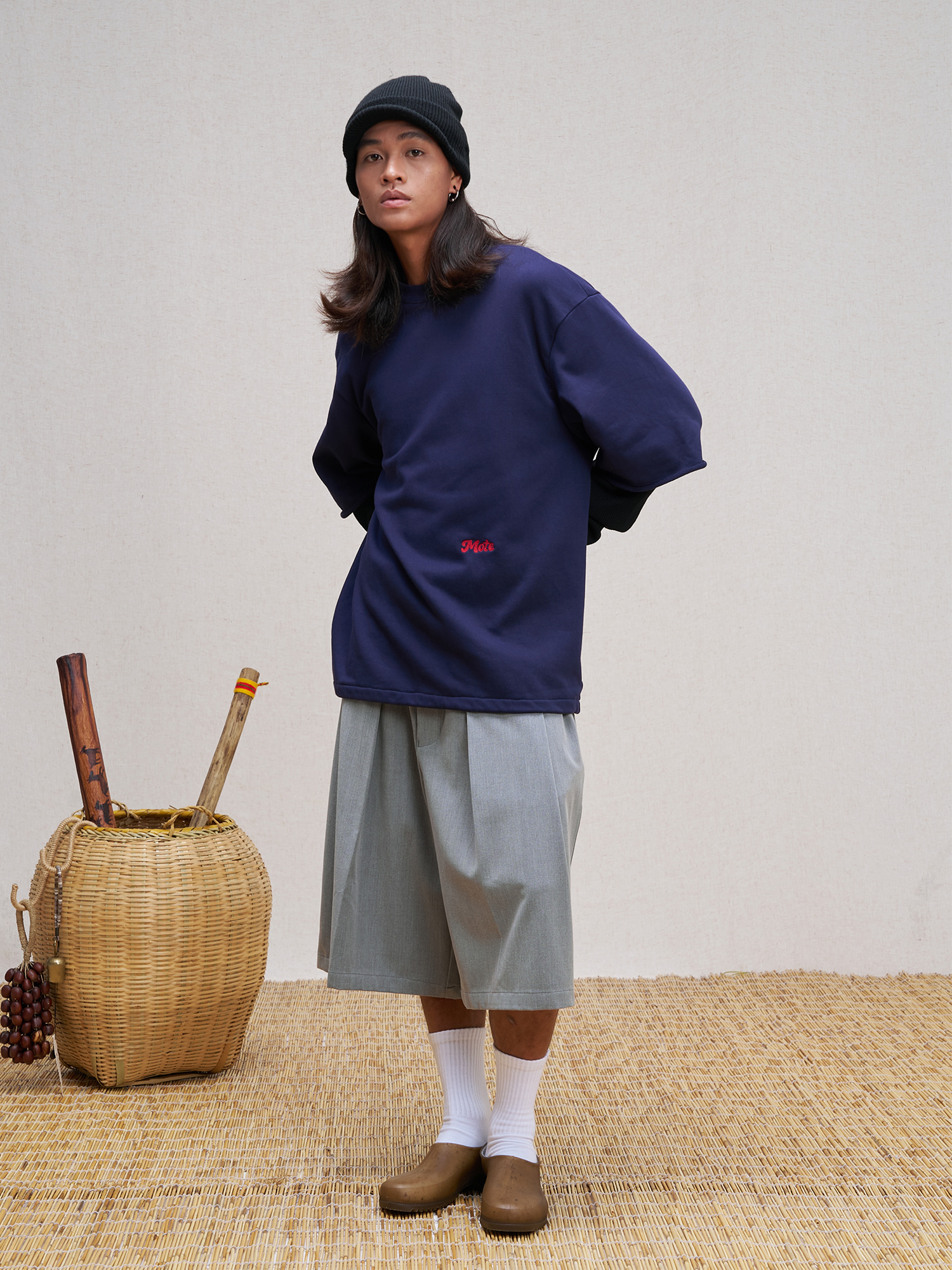 UNLIMITED MOTE Waffle Sleeve Layered Drawstring Hem Sweatshirt