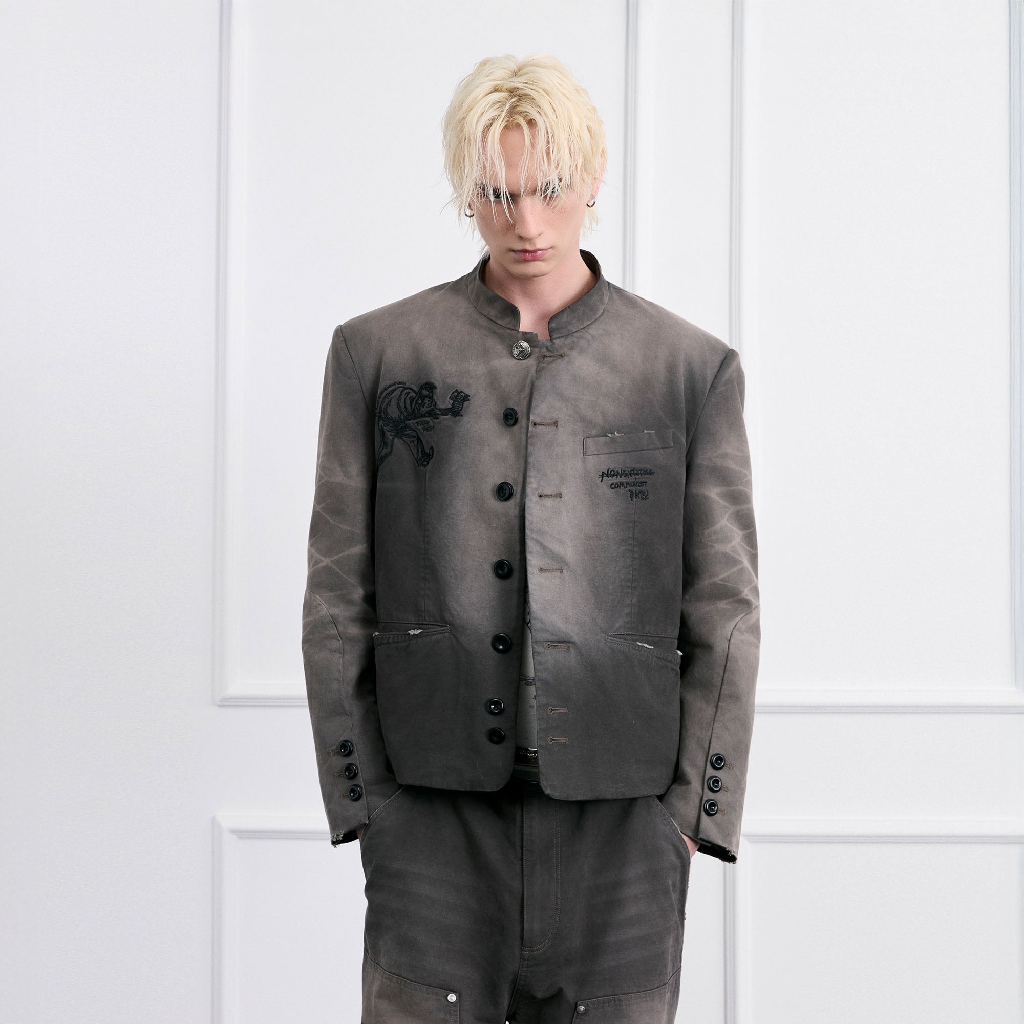 FACEONLAB Distressed Washed Embroidery Jacket
