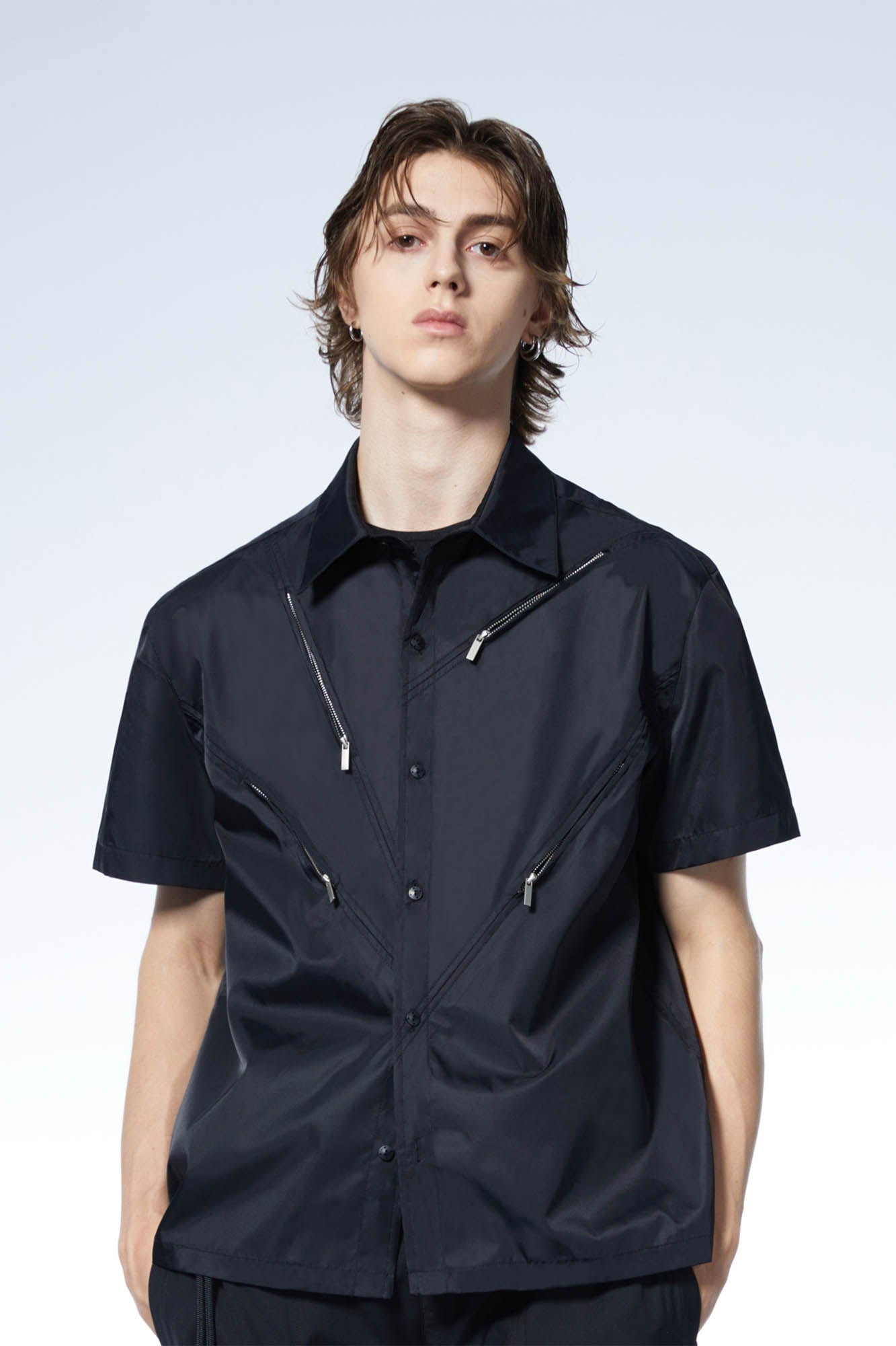 LOSTNFOUND Asymmetrical Zip Glossy Half-Sleeve Shirt