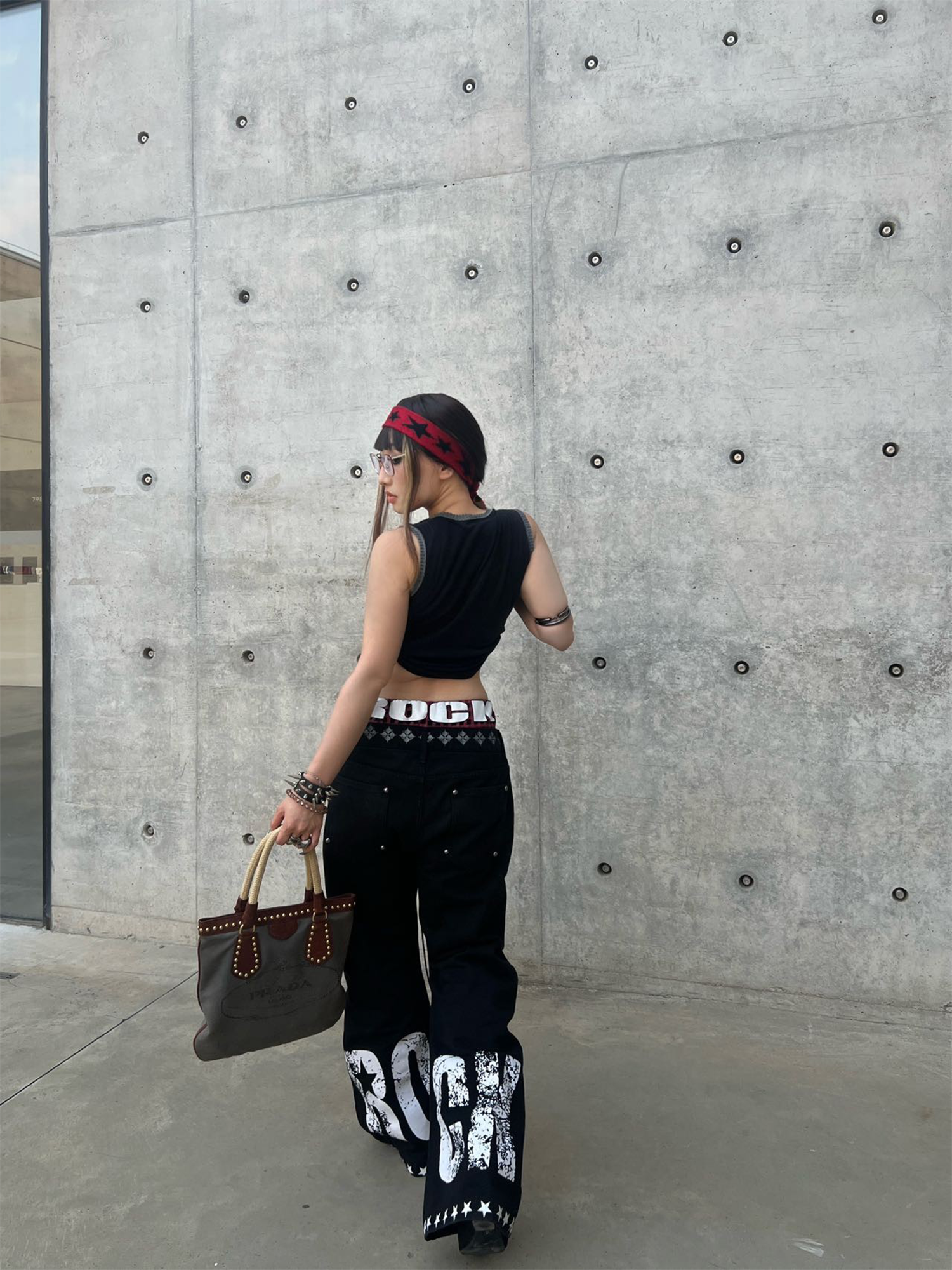 DETW Curved Plaid Spliced Double-Waistband Jeans