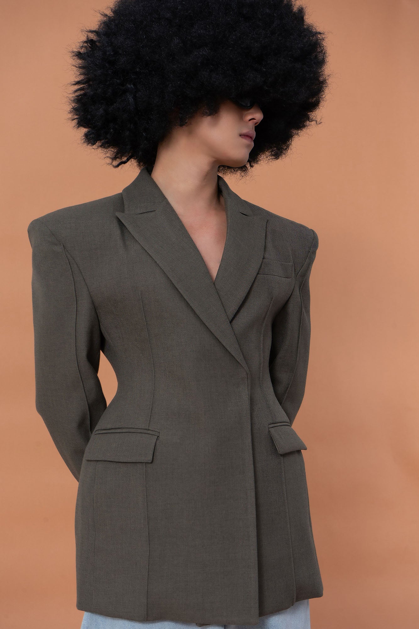 CLP Cinched-Waist Padded Shoulder Blazer Brown, premium urban and streetwear designers apparel on PROJECTISR.com, CLP