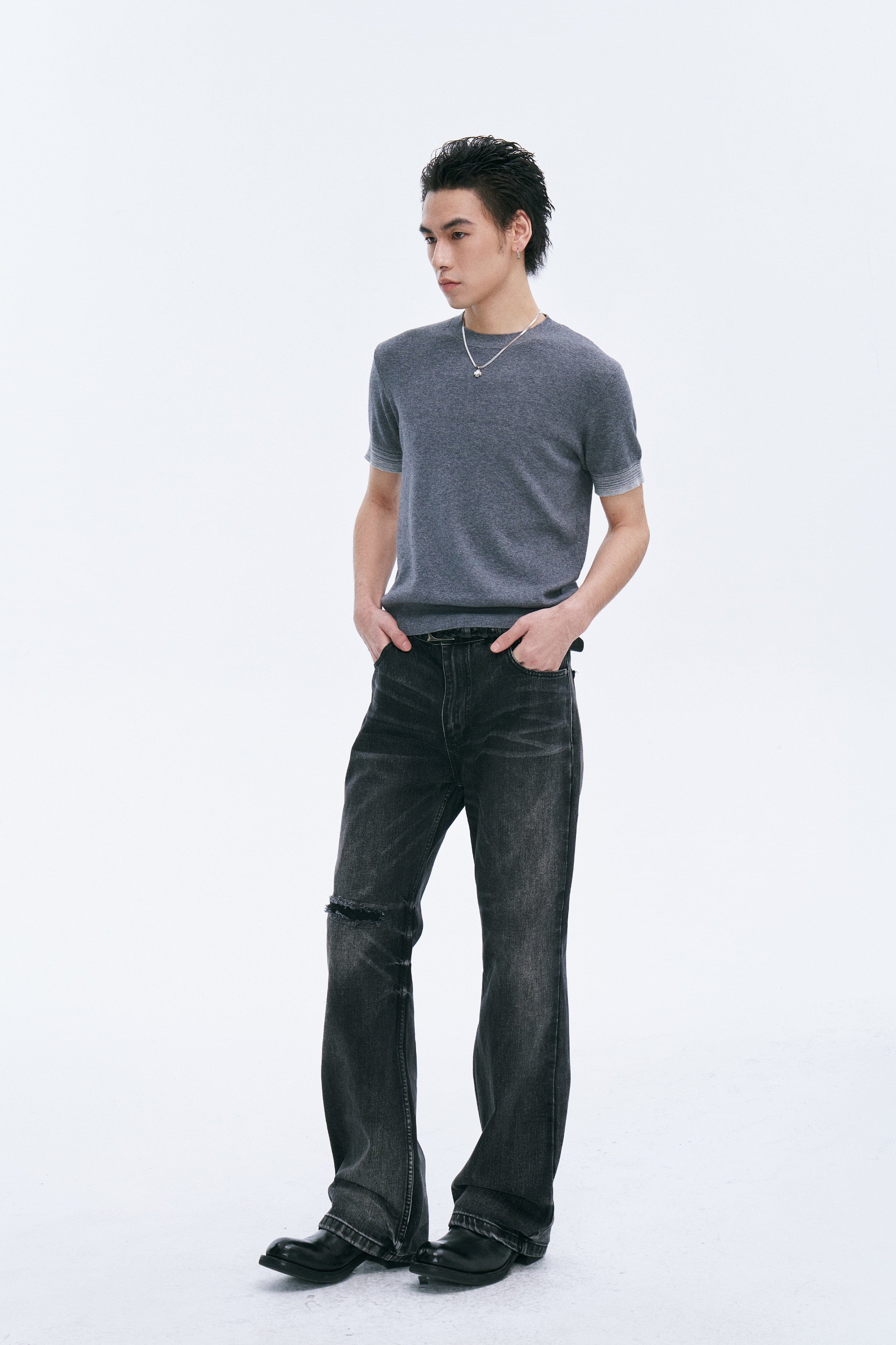 CATSSTAC Whisker Washed Frayed Straight-Leg Jeans, premium urban and streetwear designers apparel on PROJECTISR.com, CATSSTAC