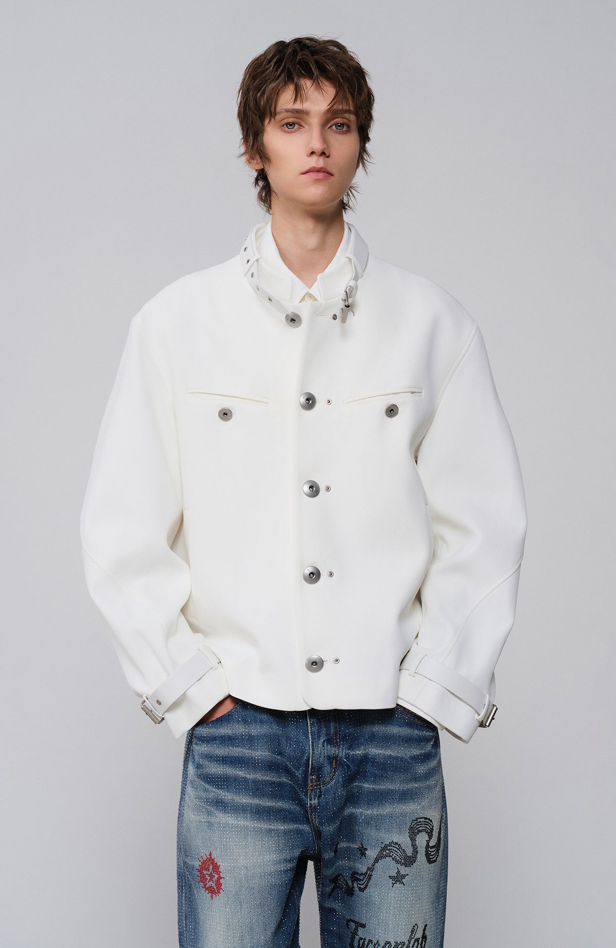 FACEONLAB Leather-Collar Medal Embellished Jacket
