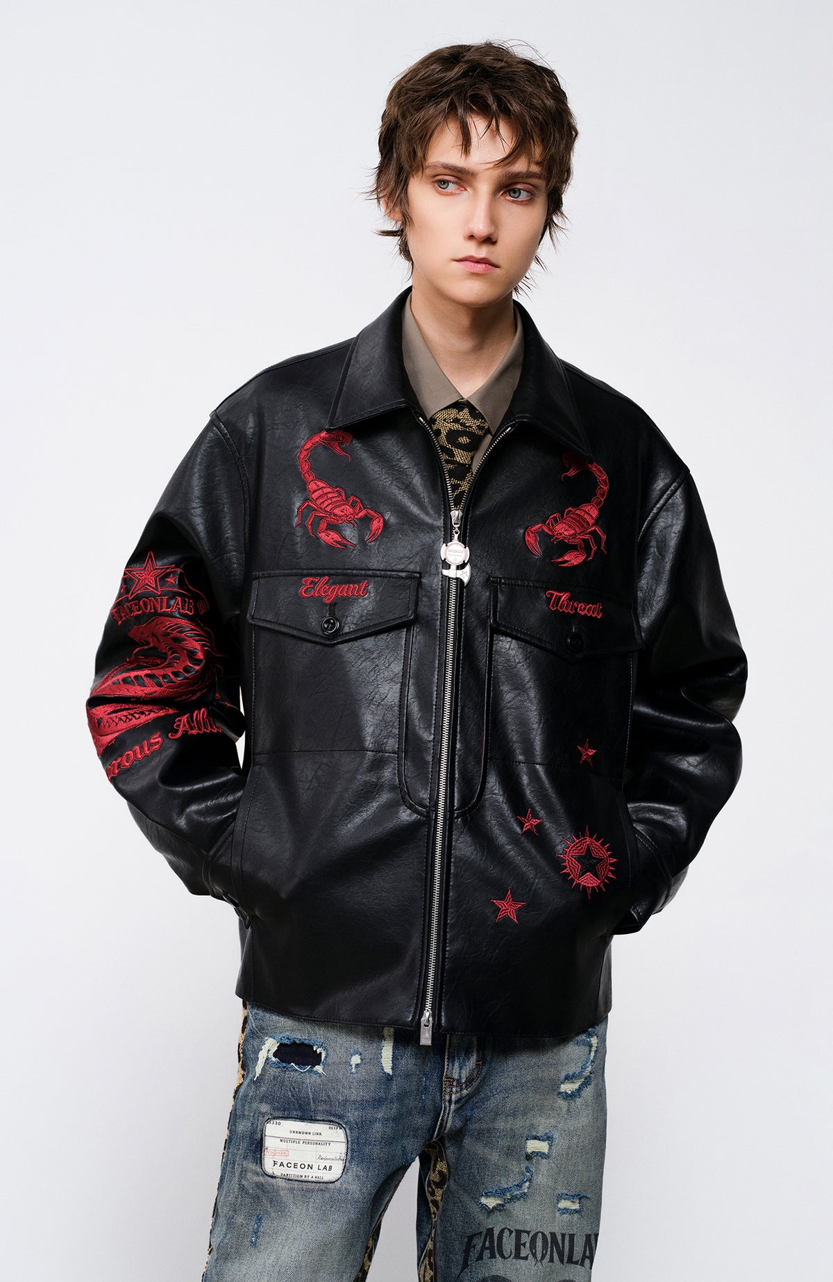 FACEONLAB Embroidered Faux Leather Jacket