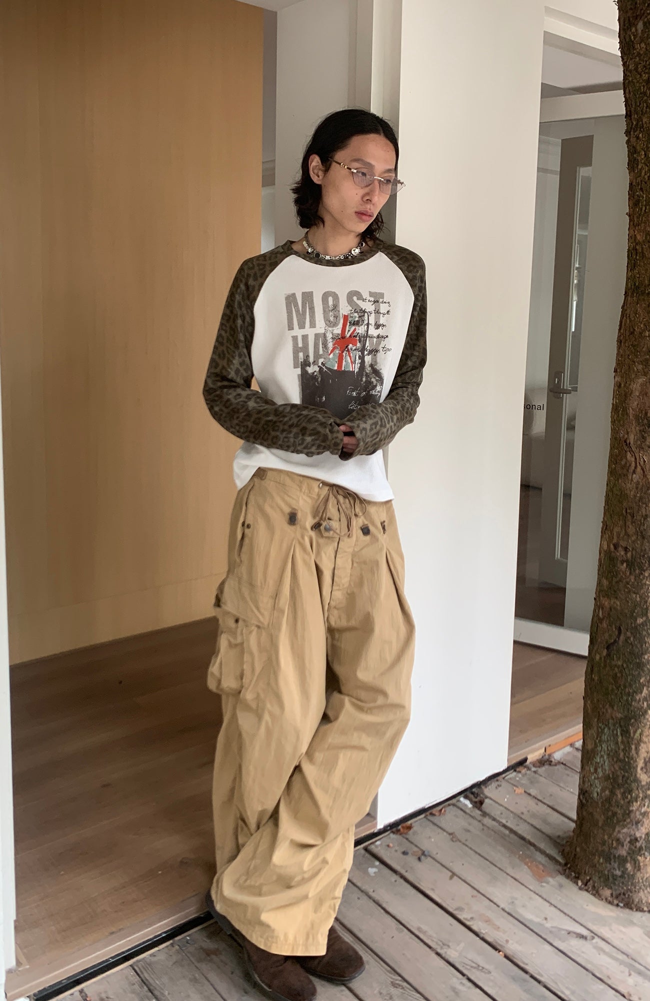 SADSOUP Leopard Raglan Waffle Long-Sleeve Tee