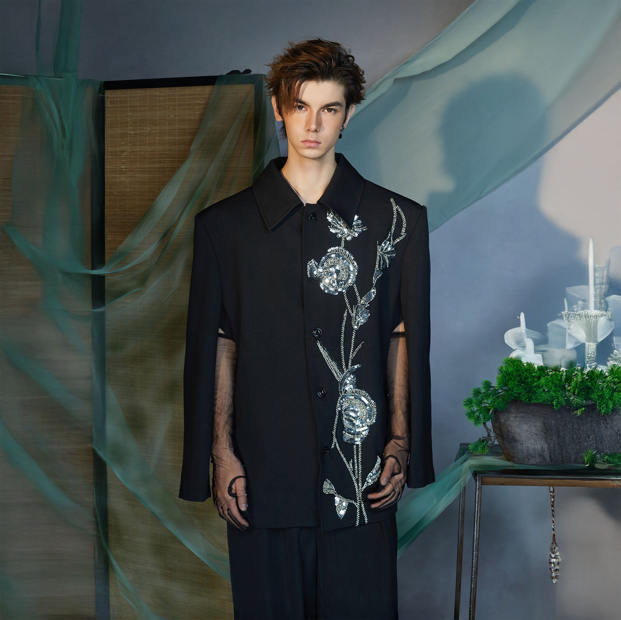 JIECHI Embellished Floral Side-Slit Jacket, premium urban and streetwear designers apparel on PROJECTISR.com, JIECHI