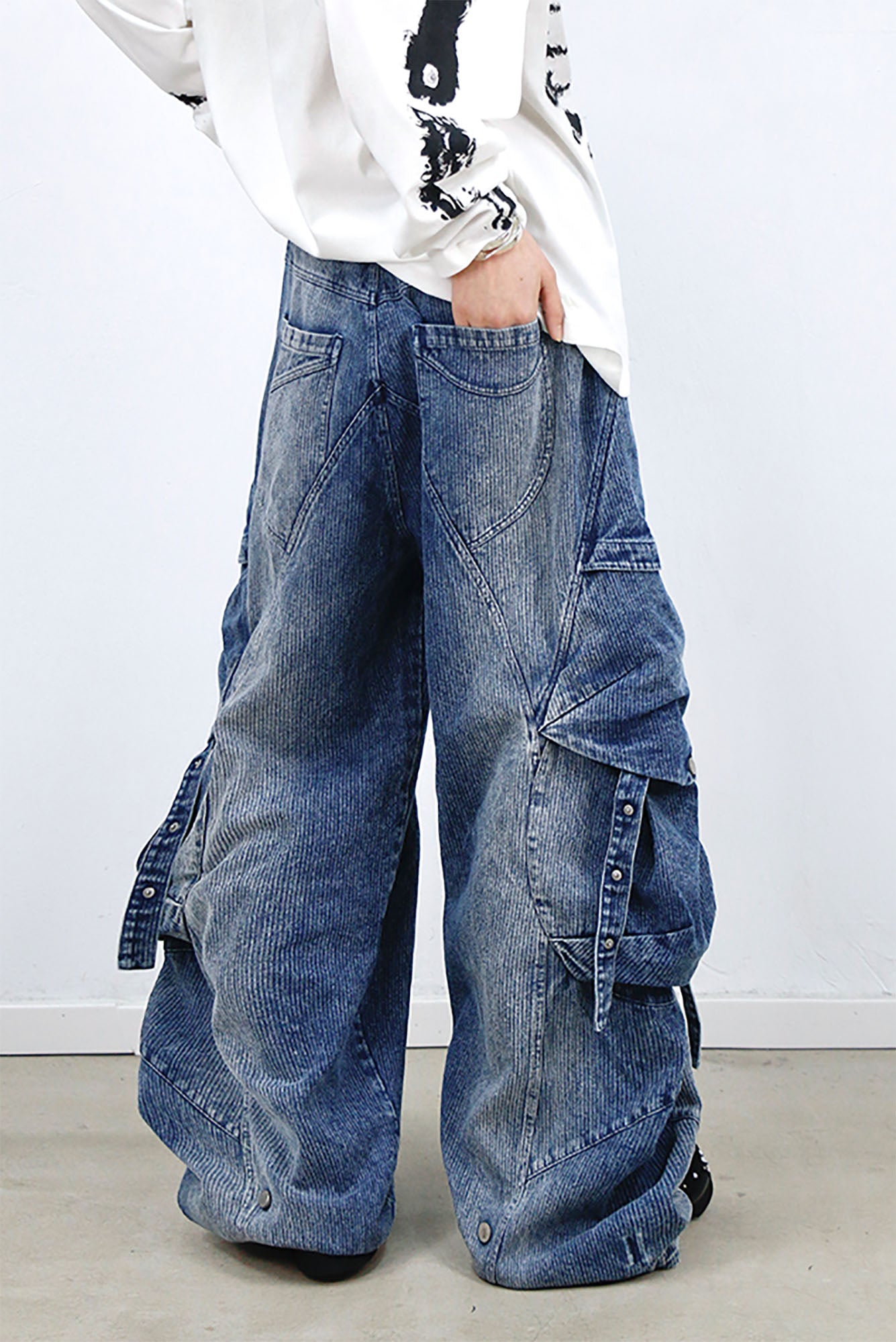 RELABEL Washed Paneled Strap Oversized Cargo Jeans Blue, premium urban and streetwear designers apparel on PROJECTISR.com, RELABEL