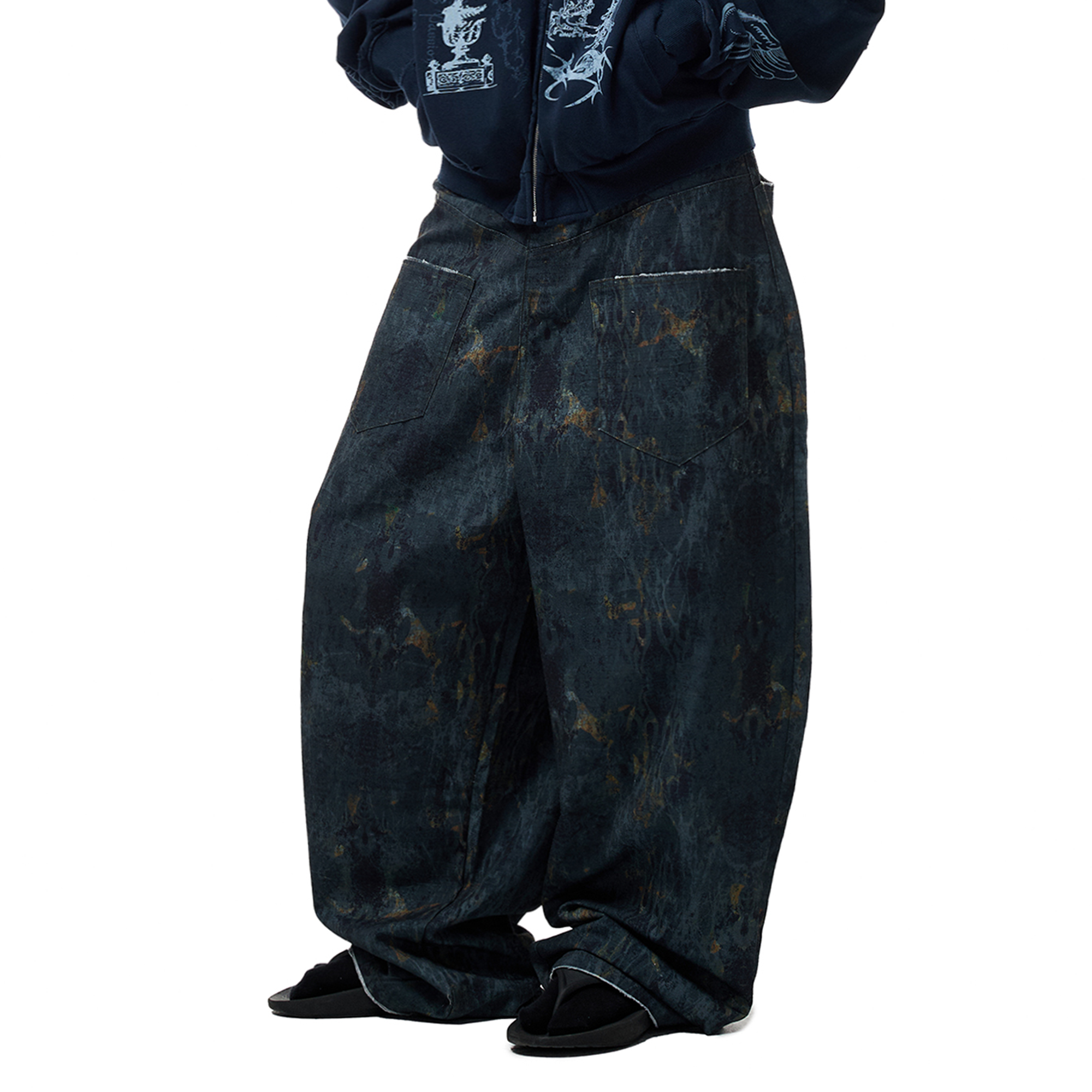 CYCYCY Washed Mottled Flame Graphic Denim Pants
