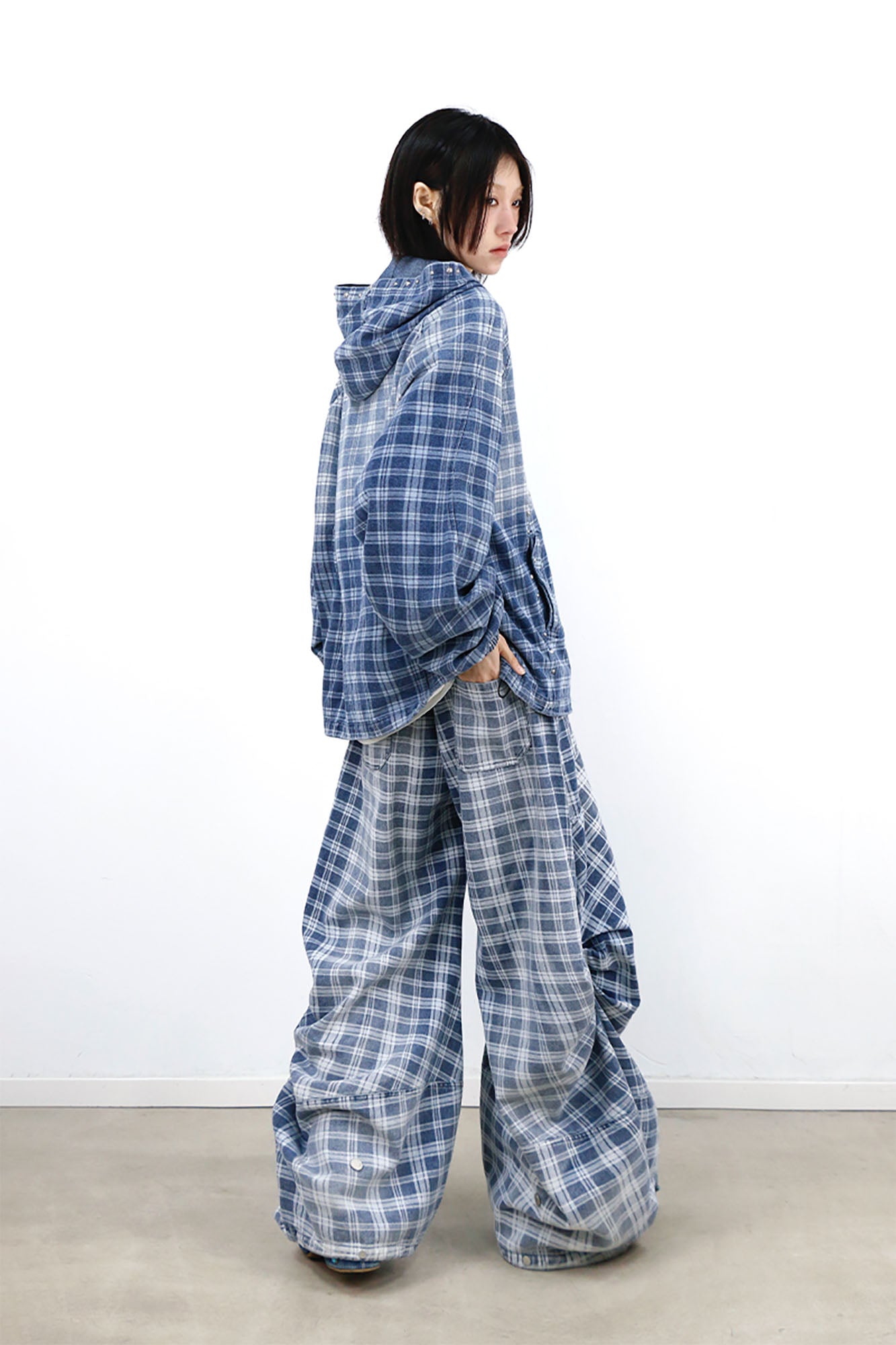 RELABEL Washed Plaid Paneled Oversized Jeans, premium urban and streetwear designers apparel on PROJECTISR.com, RELABEL