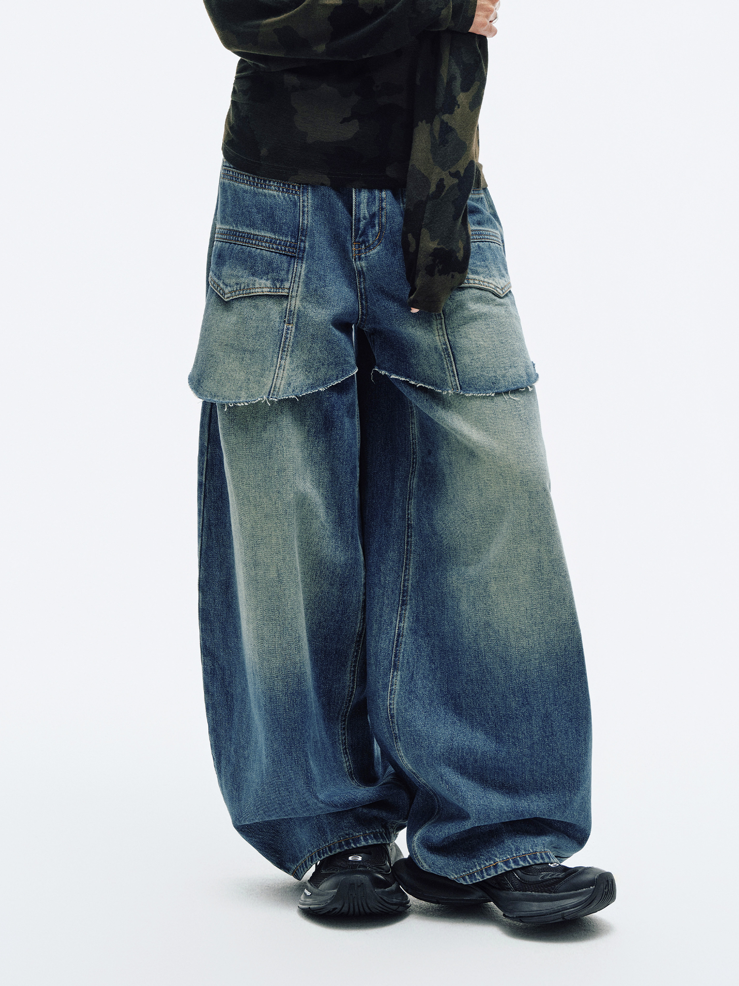 HAHAHA Spliced Washed Faux Layered Jeans